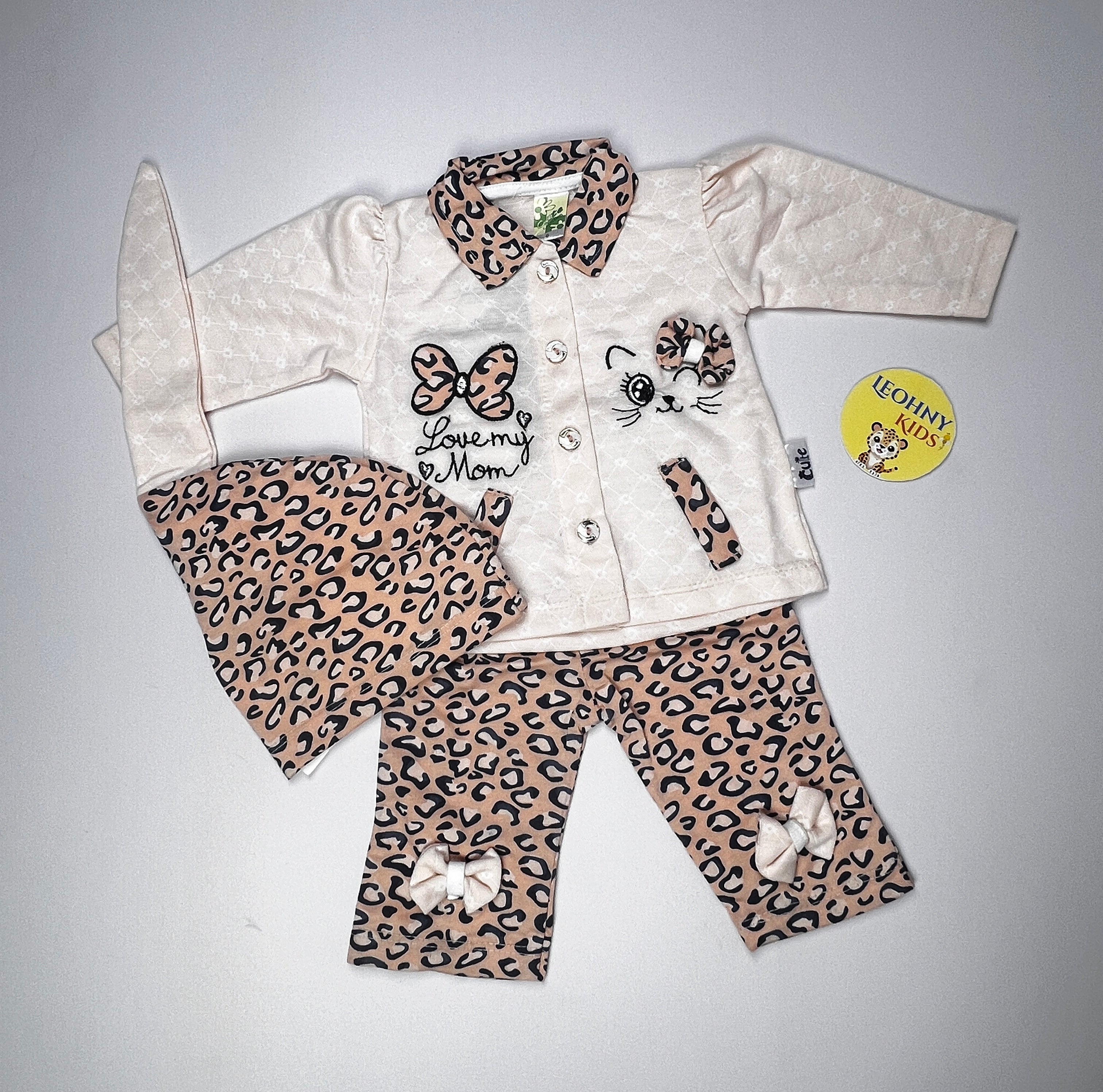 Baby Girls 3-Piece "Love My Mom" Leopard Suit with Headband (Full Sleeves)