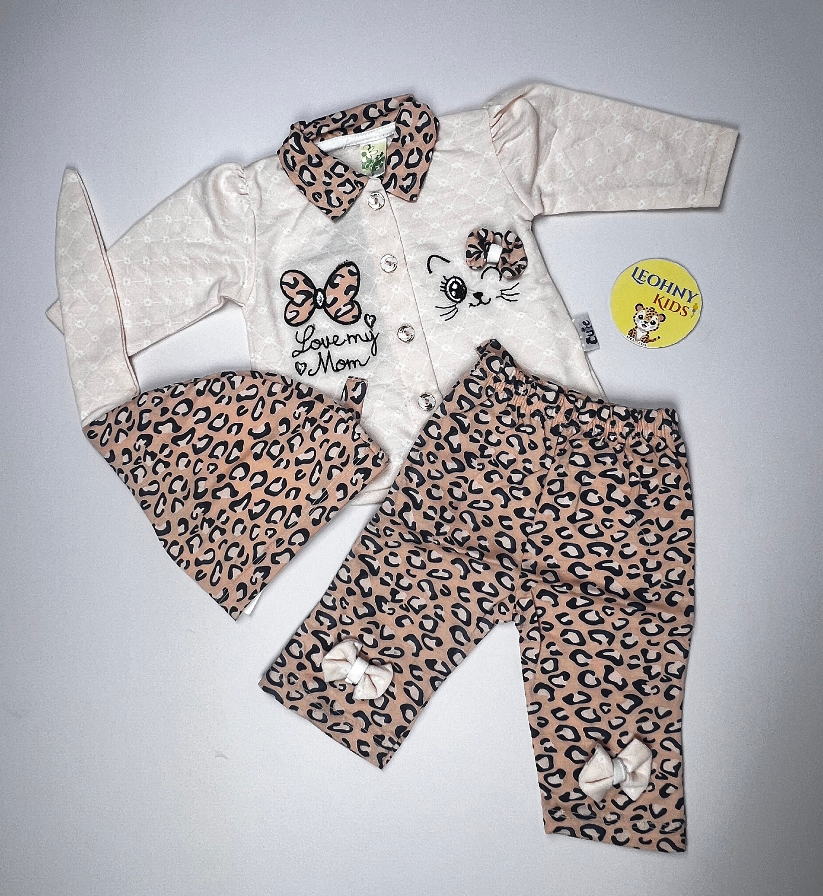 Baby Girls 3-Piece "Love My Mom" Leopard Suit with Headband (Full Sleeves)