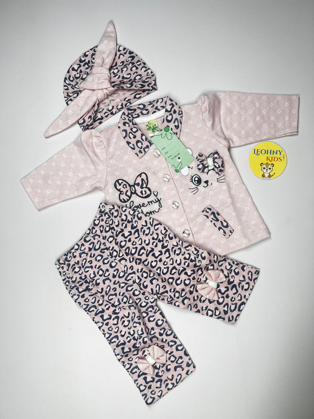 Baby Girls 3-Piece "Love My Mom" Leopard Suit with Headband (Full Sleeves)
