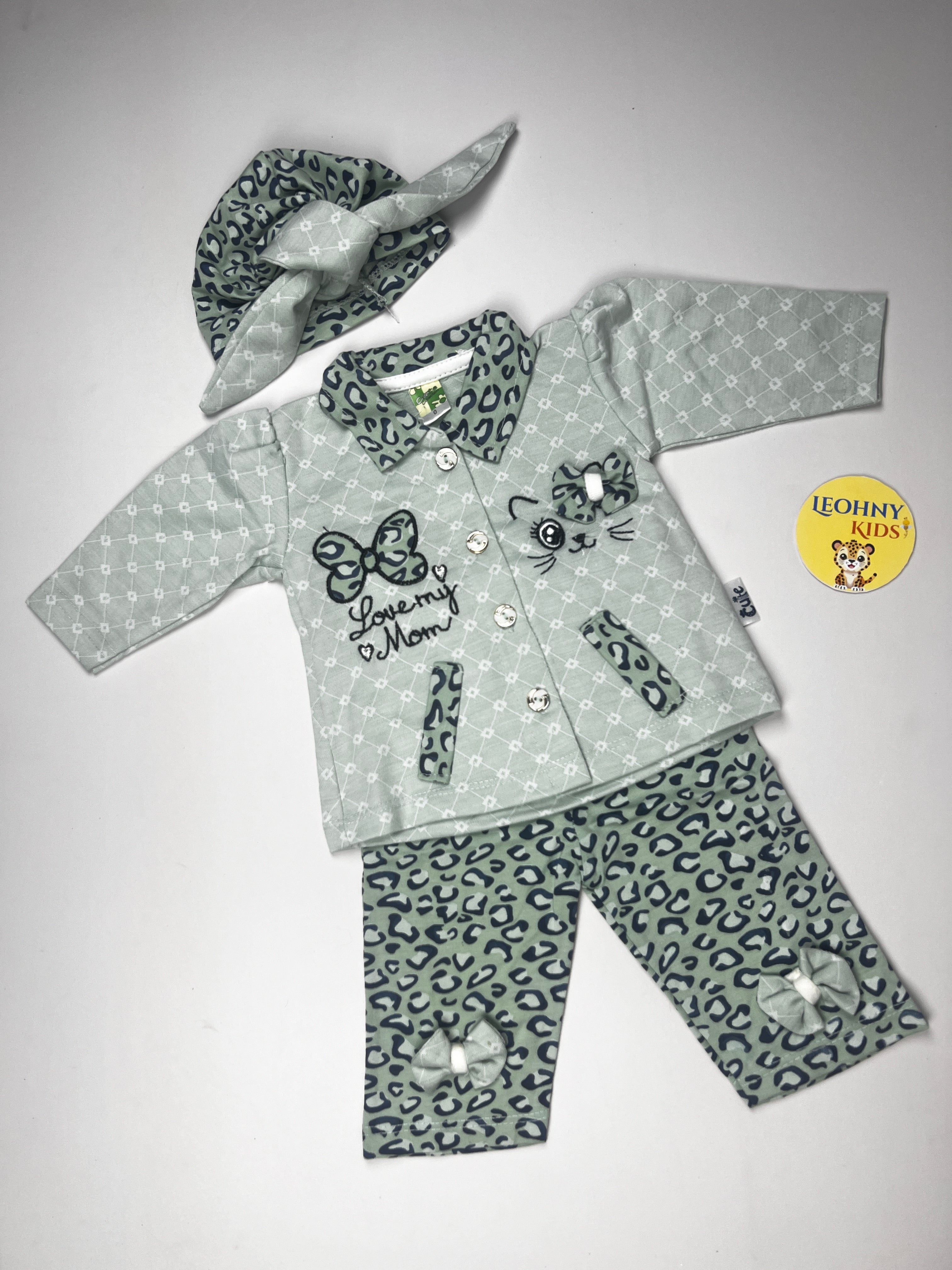 Baby Girls 3-Piece "Love My Mom" Leopard Suit with Headband (Full Sleeves)