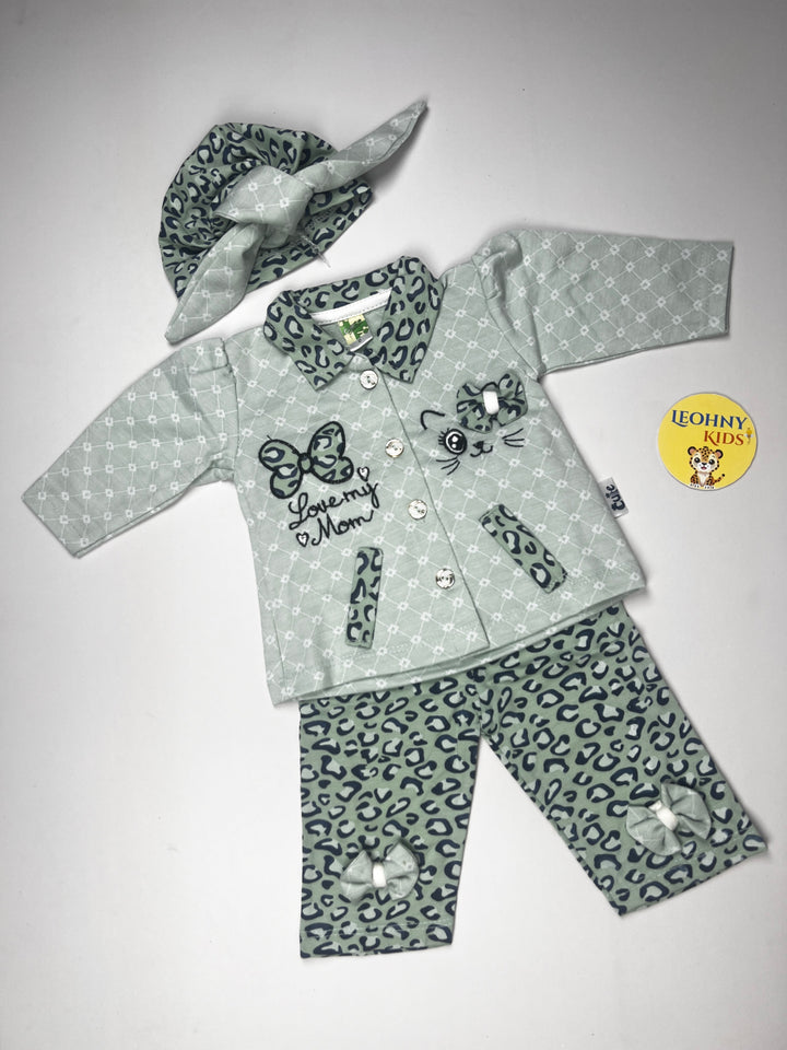 Baby Girls 3-Piece "Love My Mom" Leopard Suit with Headband (Full Sleeves)