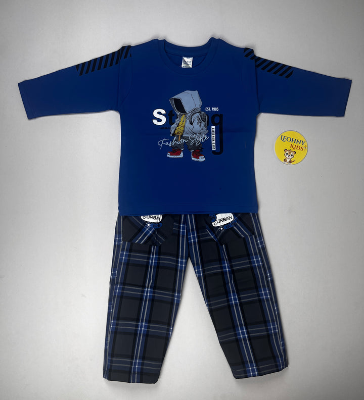 Boys 2 Pcs "Urban Fashion Style" Suit – Royal Blue & Plaid (Full Sleeves)