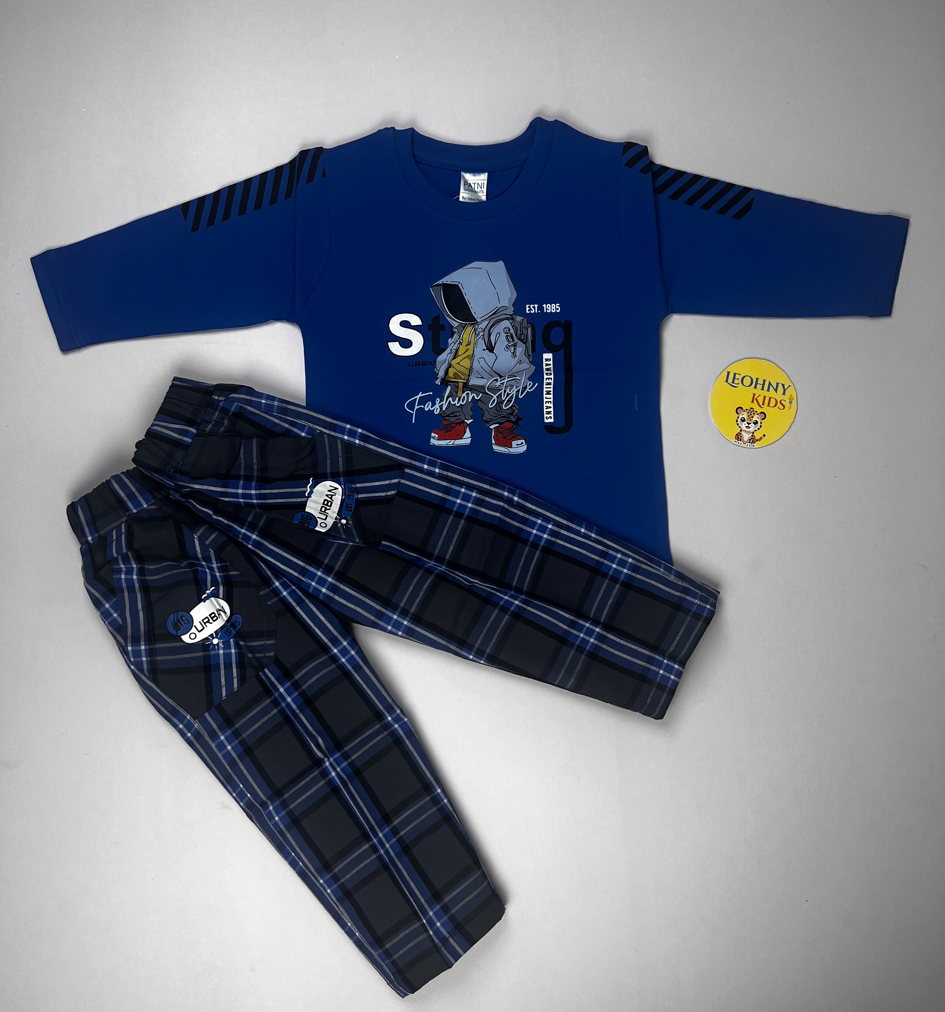 Boys 2 Pcs "Urban Fashion Style" Suit – Royal Blue & Plaid (Full Sleeves)