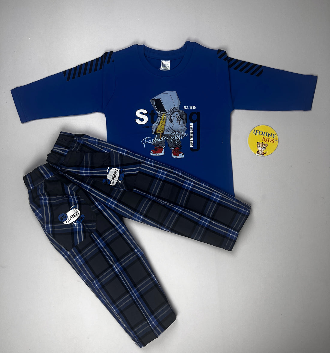 Boys 2 Pcs "Urban Fashion Style" Suit – Royal Blue & Plaid (Full Sleeves)
