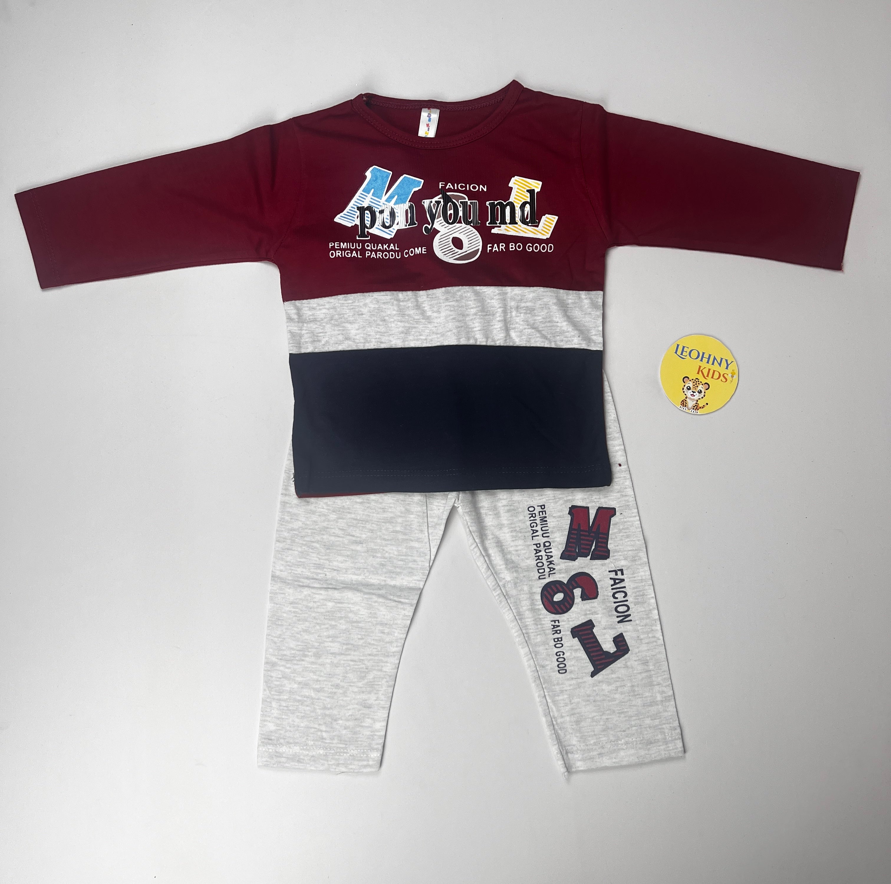 Boys 2-Piece Winter Outfit – Navy & Maroon Color Block Shirt with Grey Trouser
