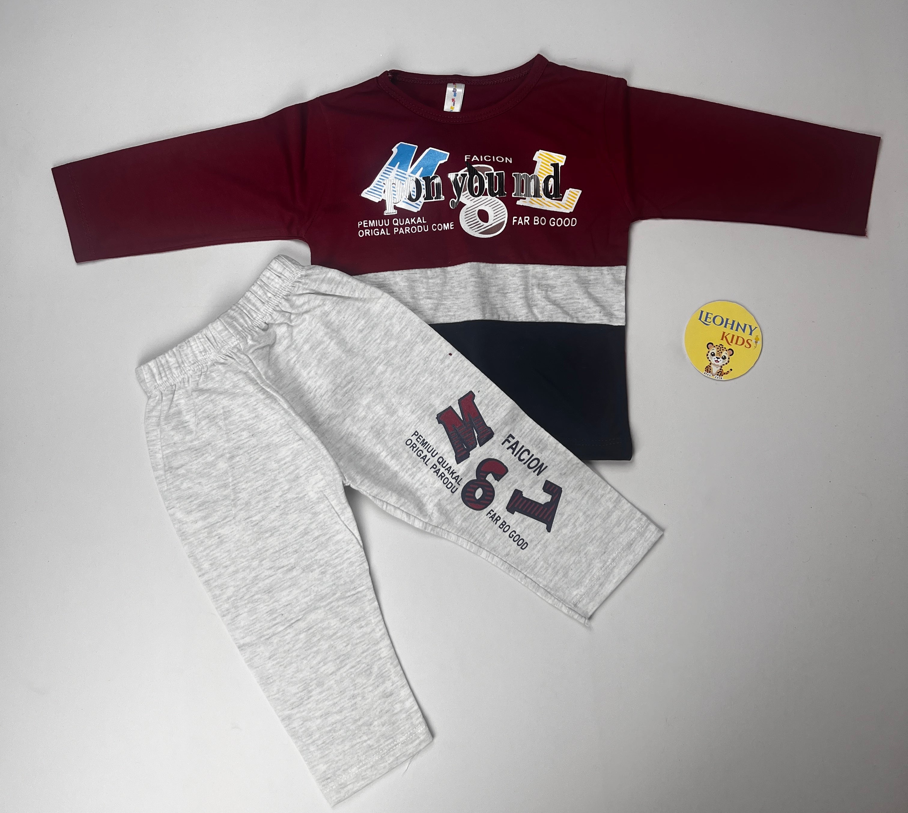 Boys 2-Piece Winter Outfit – Navy & Maroon Color Block Shirt with Grey Trouser