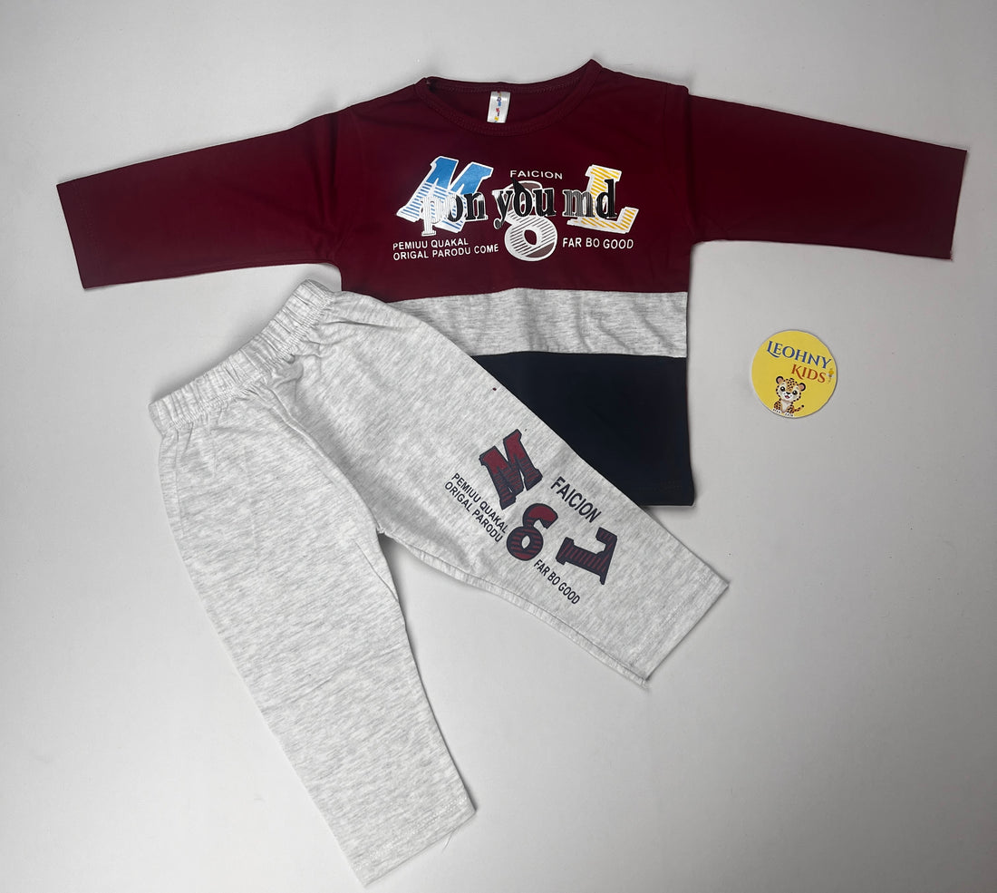 Boys 2-Piece Winter Outfit – Navy & Maroon Color Block Shirt with Grey Trouser