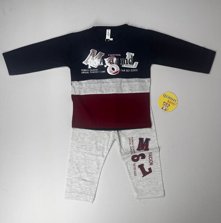 Boys 2-Piece Winter Outfit – Navy & Maroon Color Block Shirt with Grey Trouser