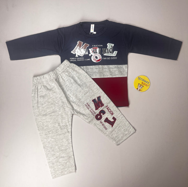 Boys 2-Piece Winter Outfit – Navy & Maroon Color Block Shirt with Grey Trouser