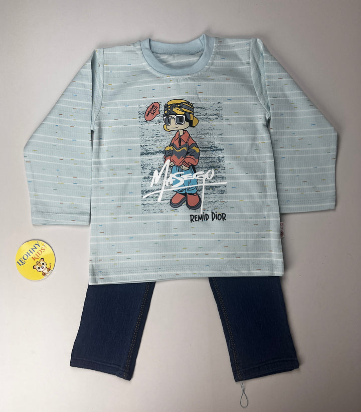 Boys’ 2-Piece Graphic Tee and Cargo Denim Set – Light Blue/Dark Wash