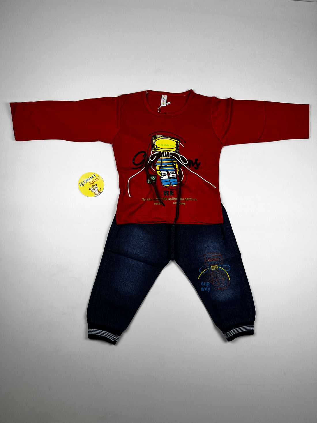"Subway Explorer" 2-Piece Denim Set – Maroon & Dark Indigo