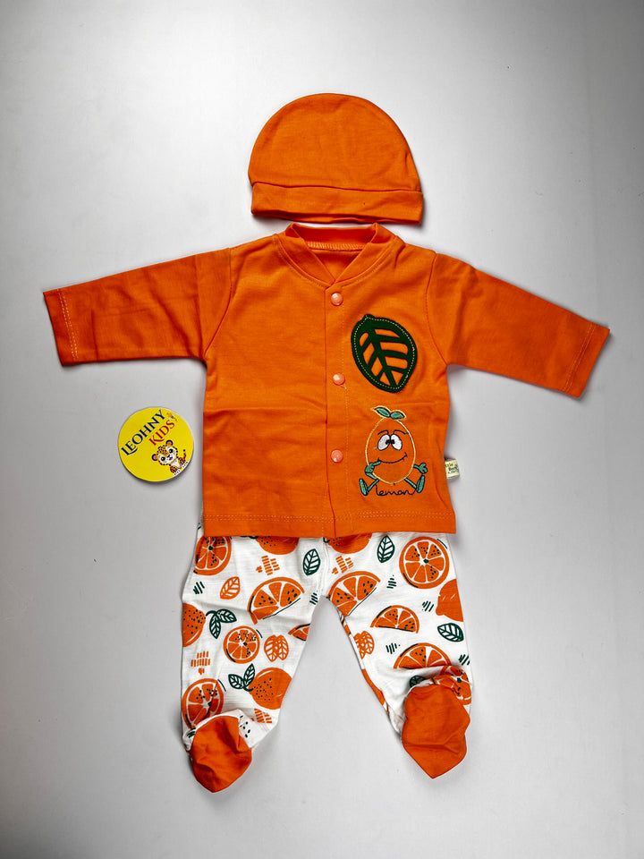 Newborn Baby 3-Piece Lemon Set – Shirt, Footed Pajama & Cap