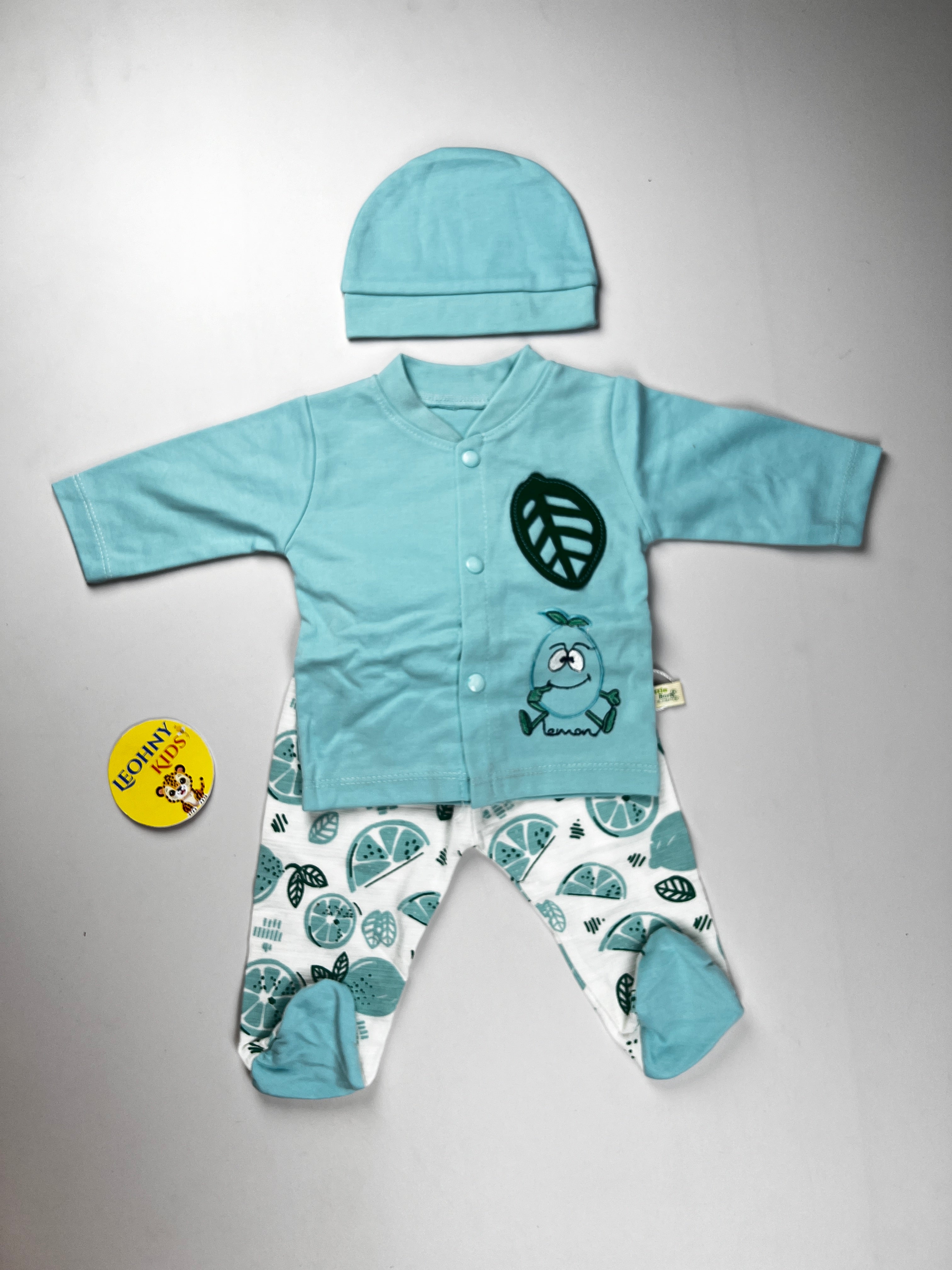 Newborn Baby 3-Piece Lemon Set – Shirt, Footed Pajama & Cap
