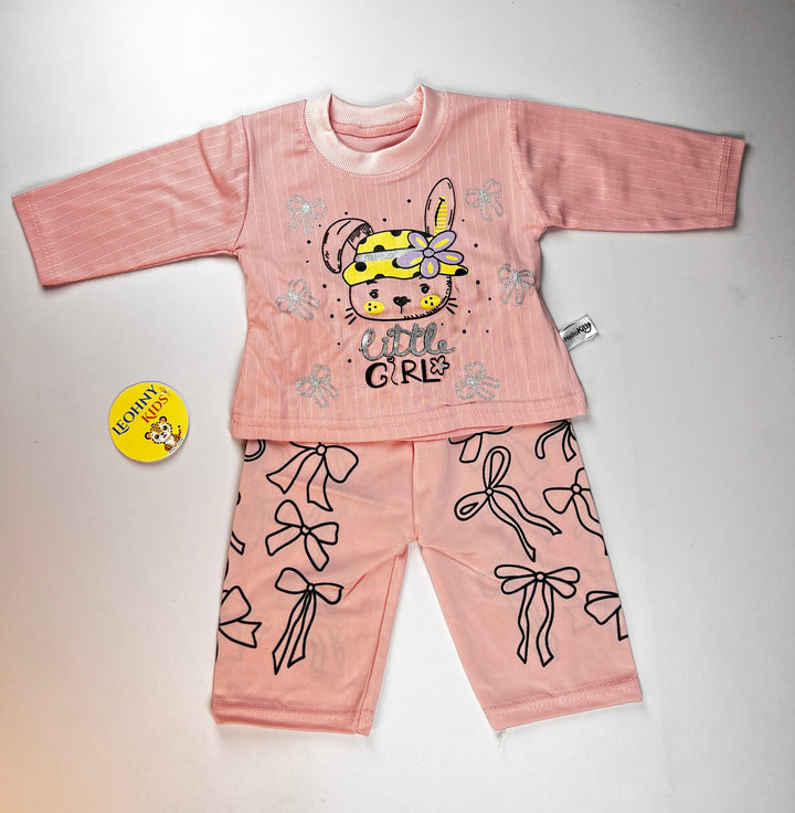 "Little Girl" 2-Piece Ribbed Bunny Pajama Set – Blush Pink