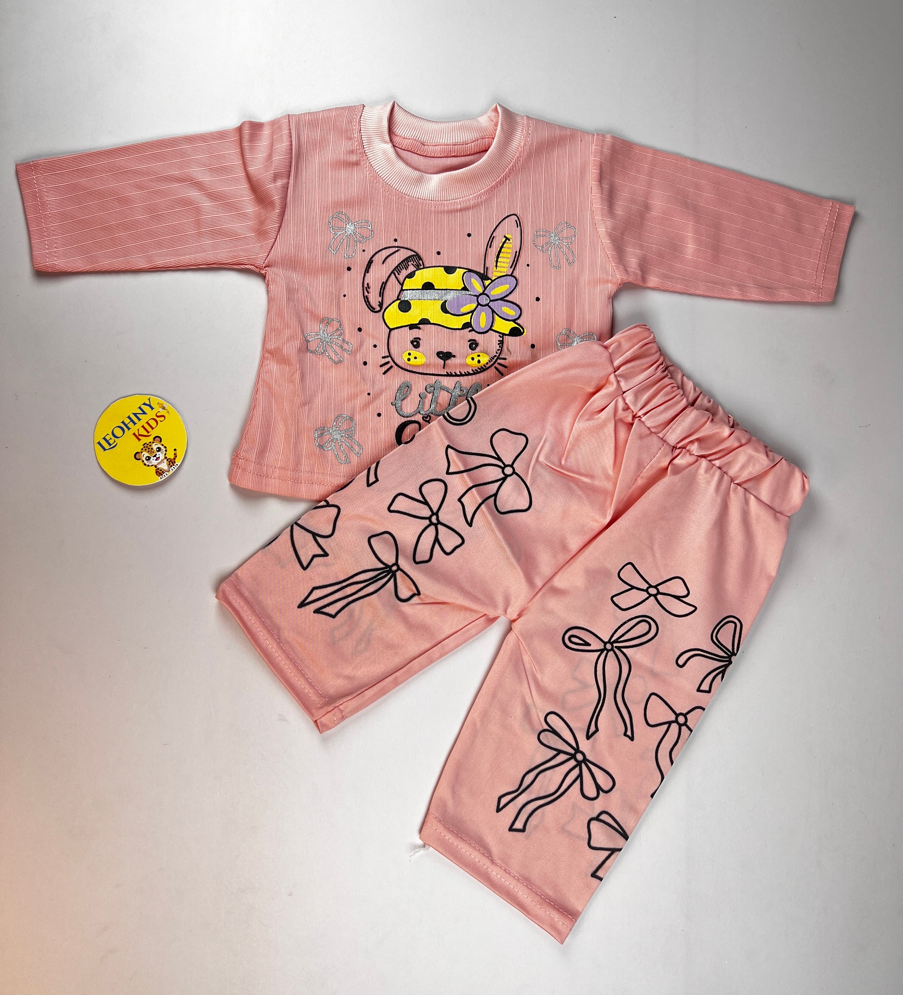 "Little Girl" 2-Piece Ribbed Bunny Pajama Set – Blush Pink