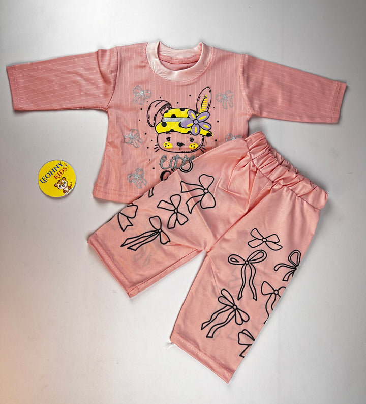 "Little Girl" 2-Piece Ribbed Bunny Pajama Set – Blush Pink