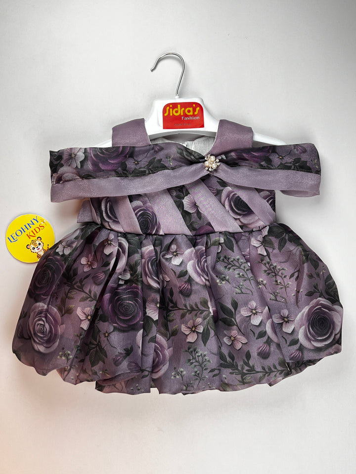 Girls Floral Silk Party Wear Frock with Off-Shoulder