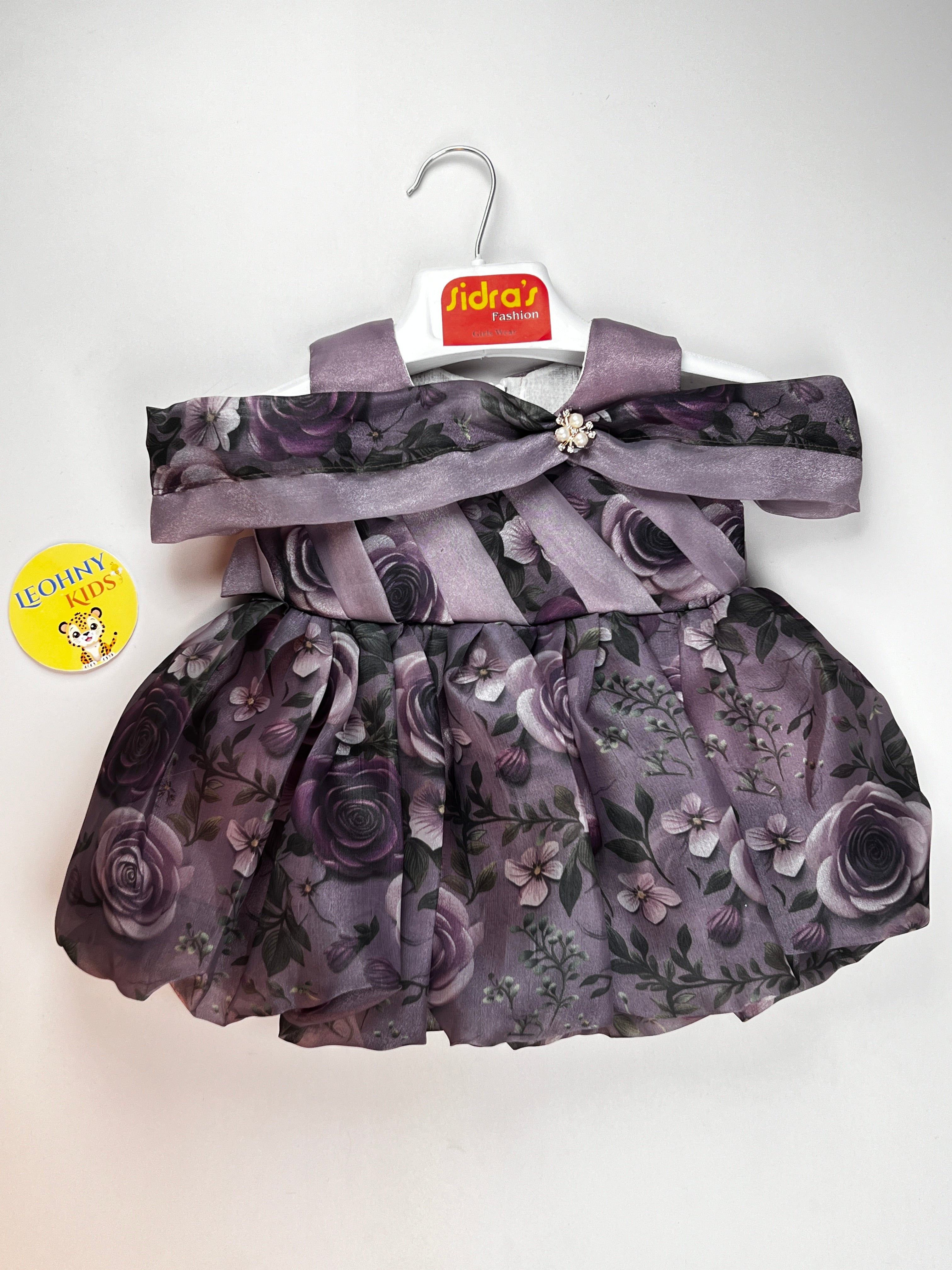 Girls Floral Silk Party Wear Frock with Off-Shoulder