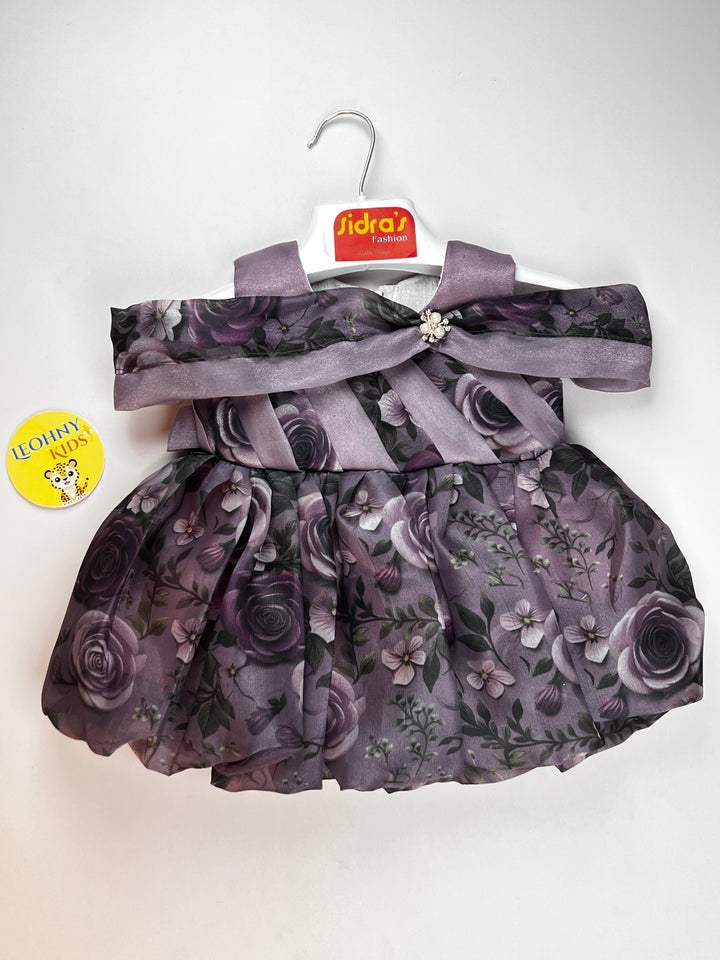 Girls Floral Silk Party Wear Frock with Off-Shoulder