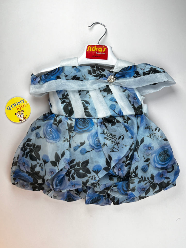Girls Premium Floral Silk Party Frock with Organza Draping