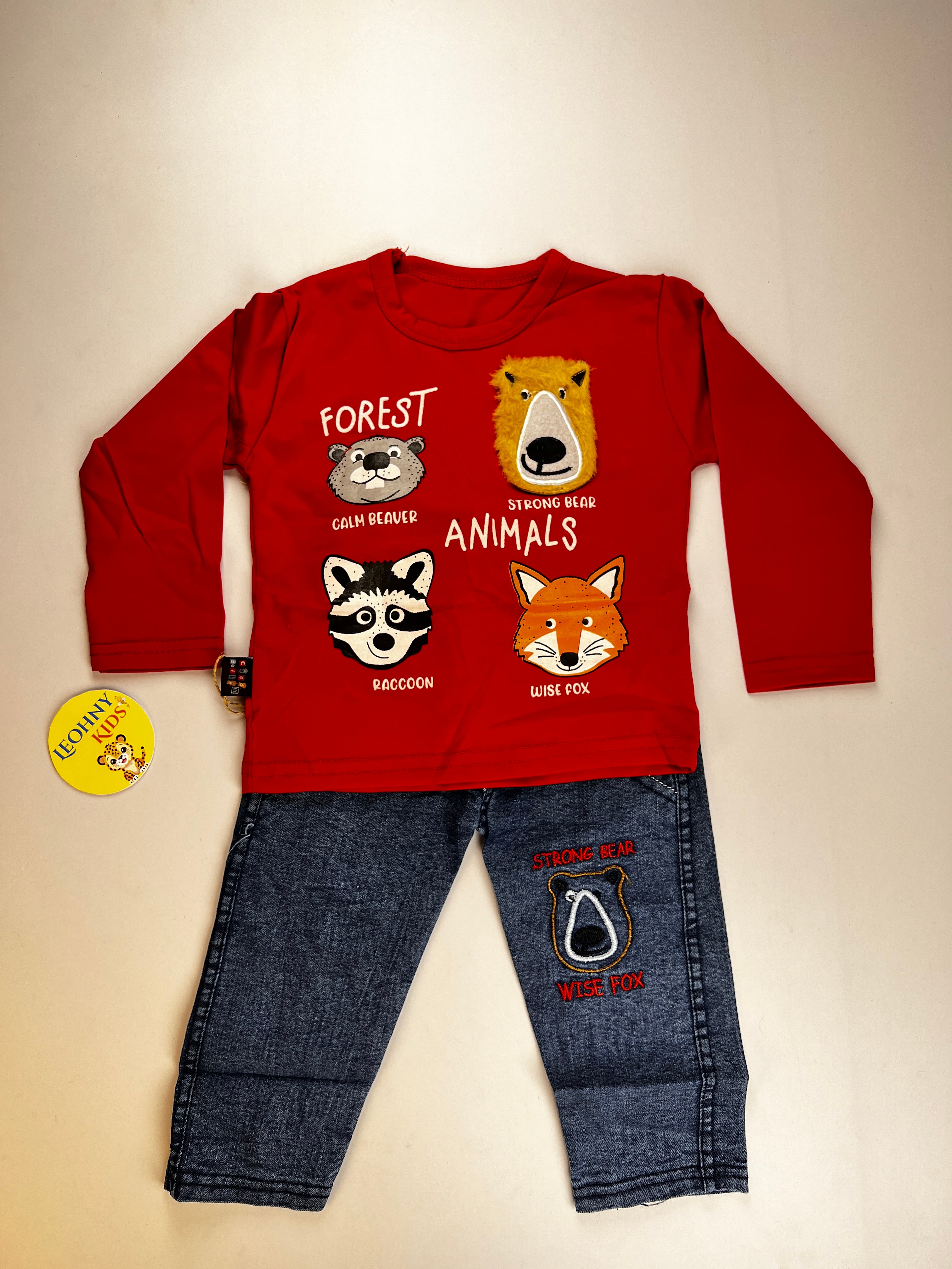 "Forest Animals" 2-Piece Denim Set – Crimson Red & Slate Blue
