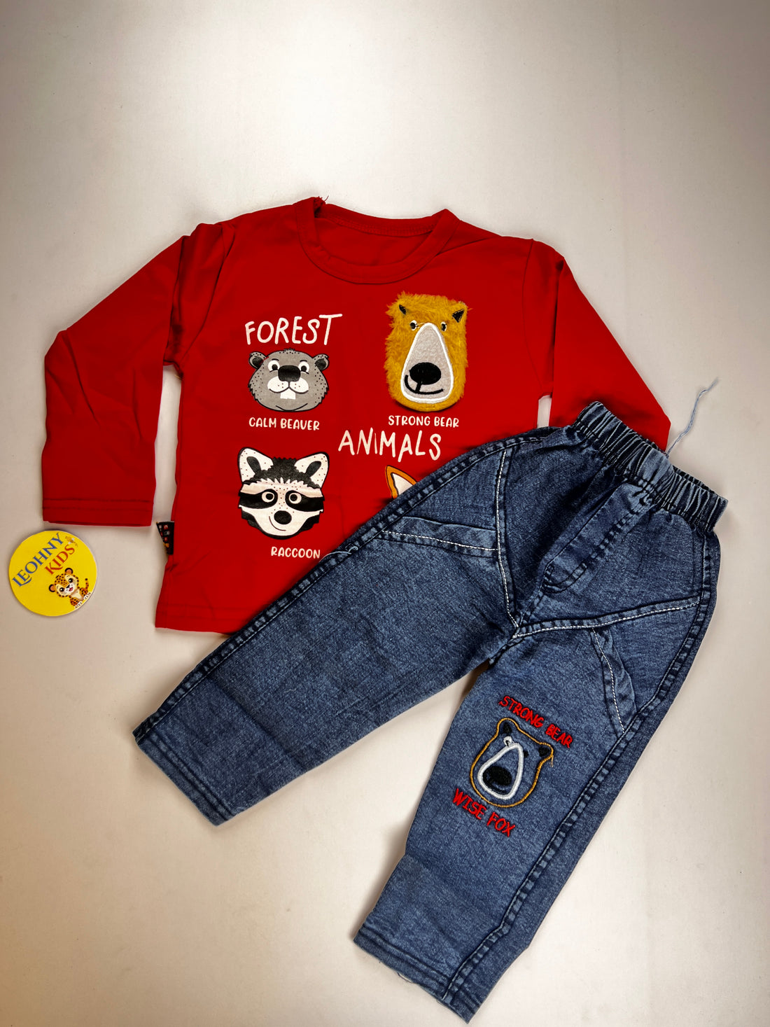 "Forest Animals" 2-Piece Denim Set – Crimson Red & Slate Blue