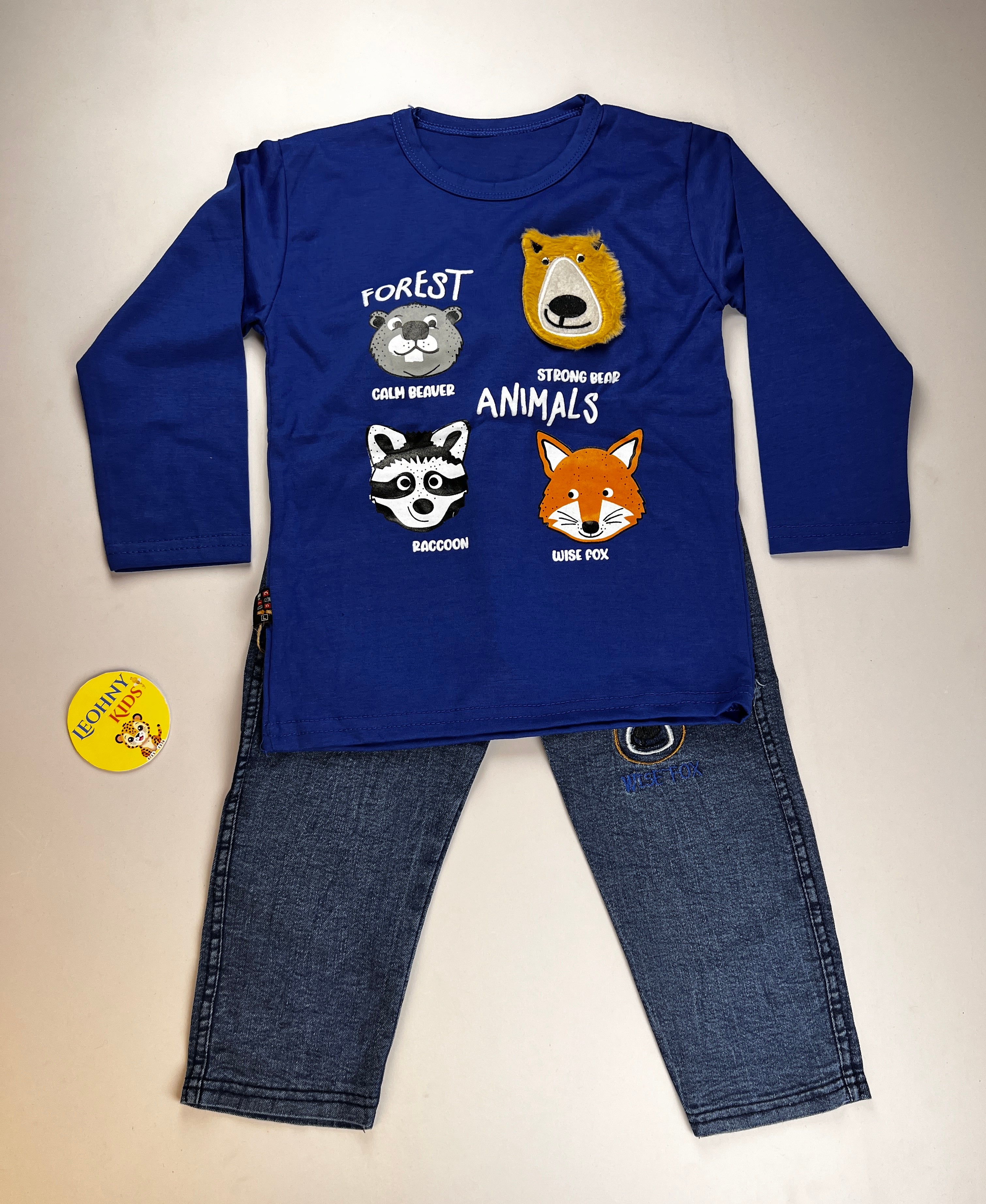 "Forest Animals" 2-Piece Denim Set – Crimson Red & Slate Blue