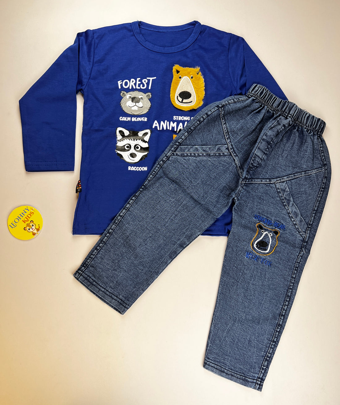 "Forest Animals" 2-Piece Denim Set – Crimson Red & Slate Blue