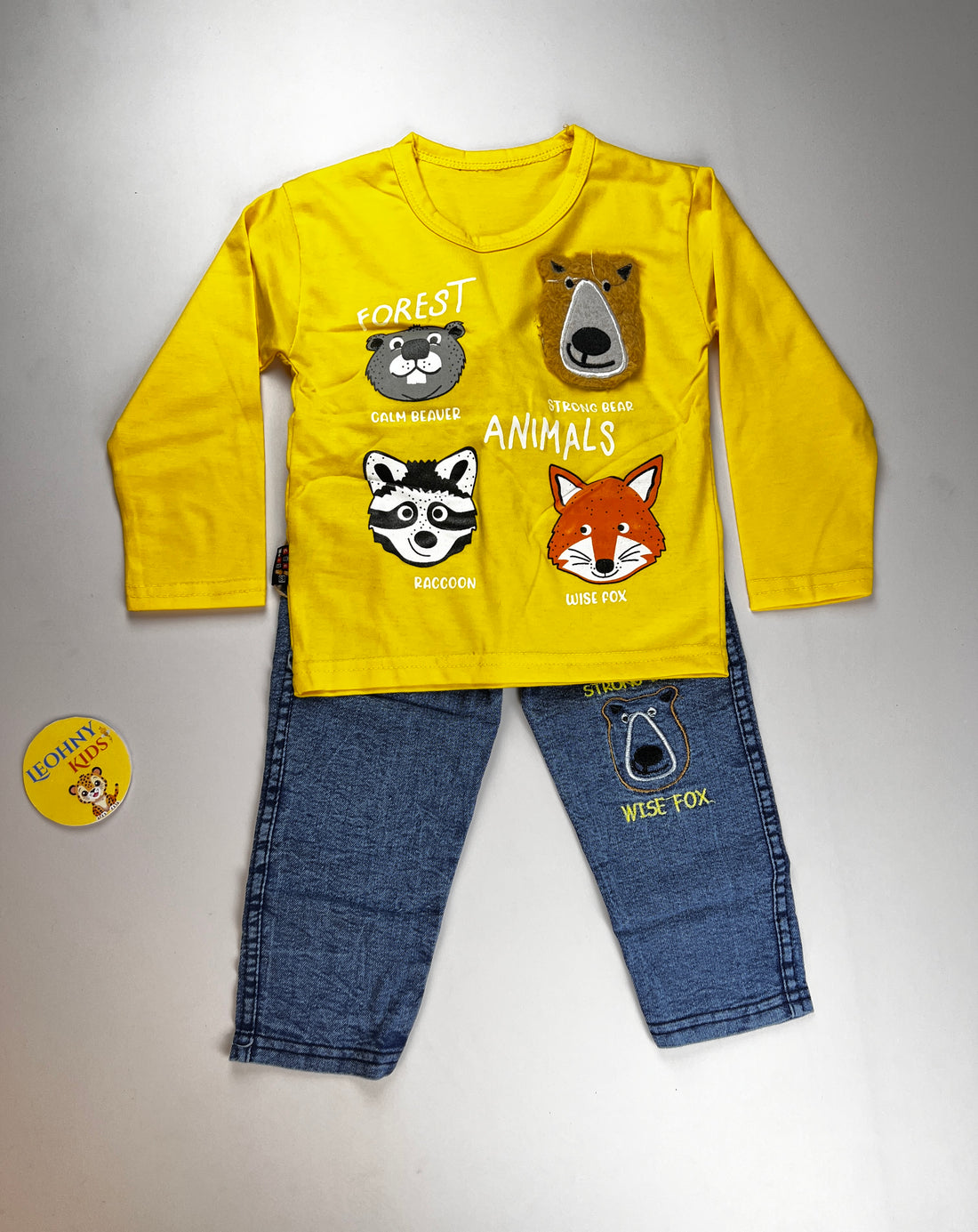 "Forest Animals" 2-Piece Denim Set – Crimson Red & Slate Blue