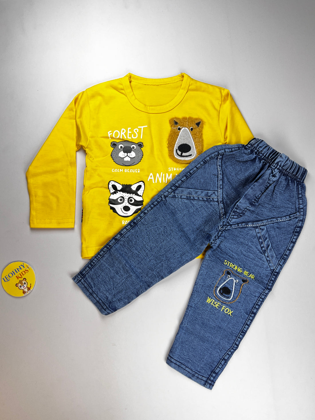 "Forest Animals" 2-Piece Denim Set – Crimson Red & Slate Blue