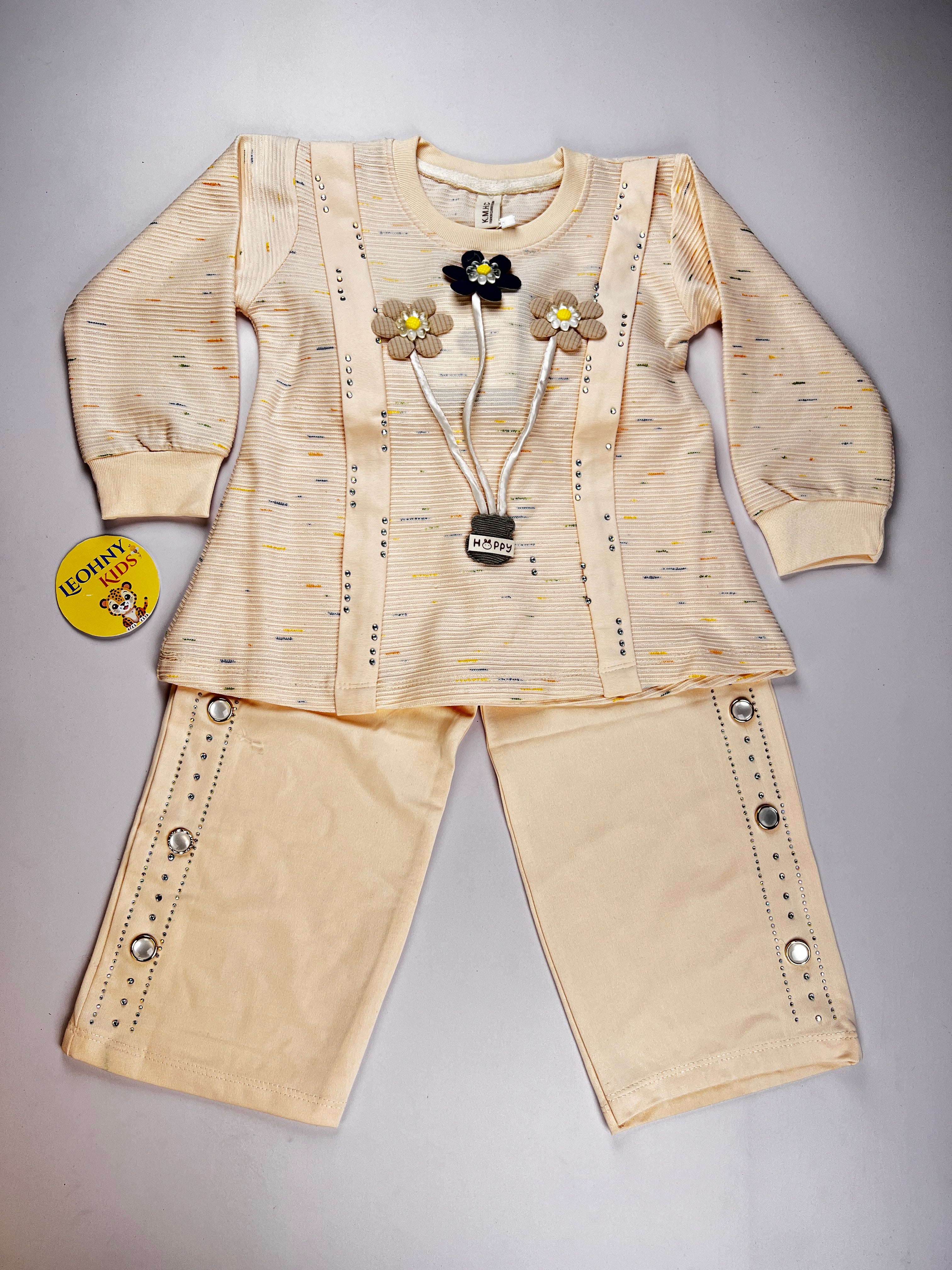 "Happy Floral" 2-Piece Embellished Ribbed Lounge Set