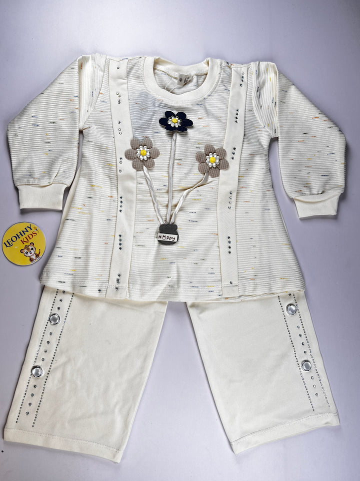 "Happy Floral" 2-Piece Embellished Ribbed Lounge Set