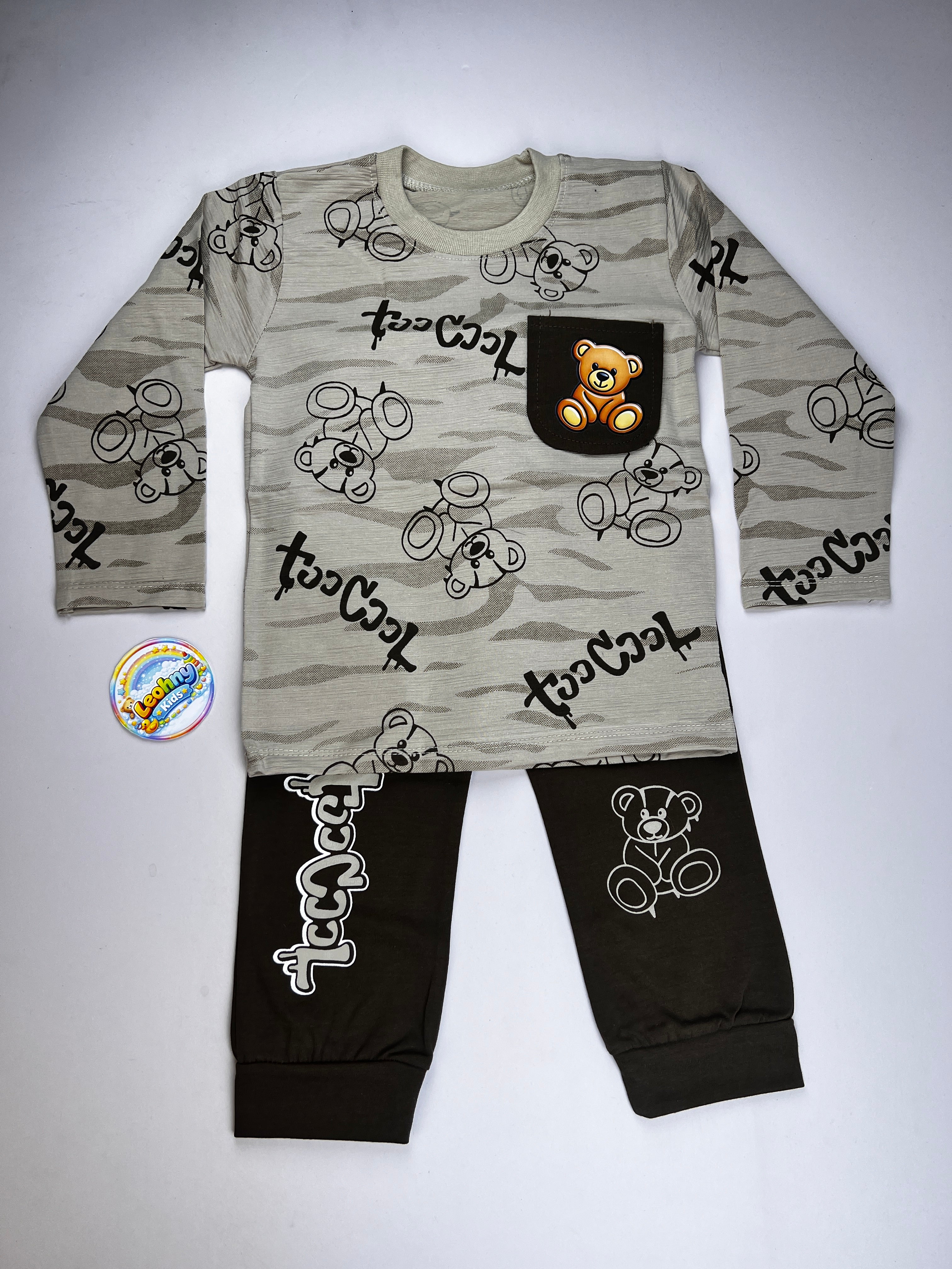 Boys 2 Pcs "Too Cool" Bear Print Suit with Contrast Pocket (Full Sleeves)