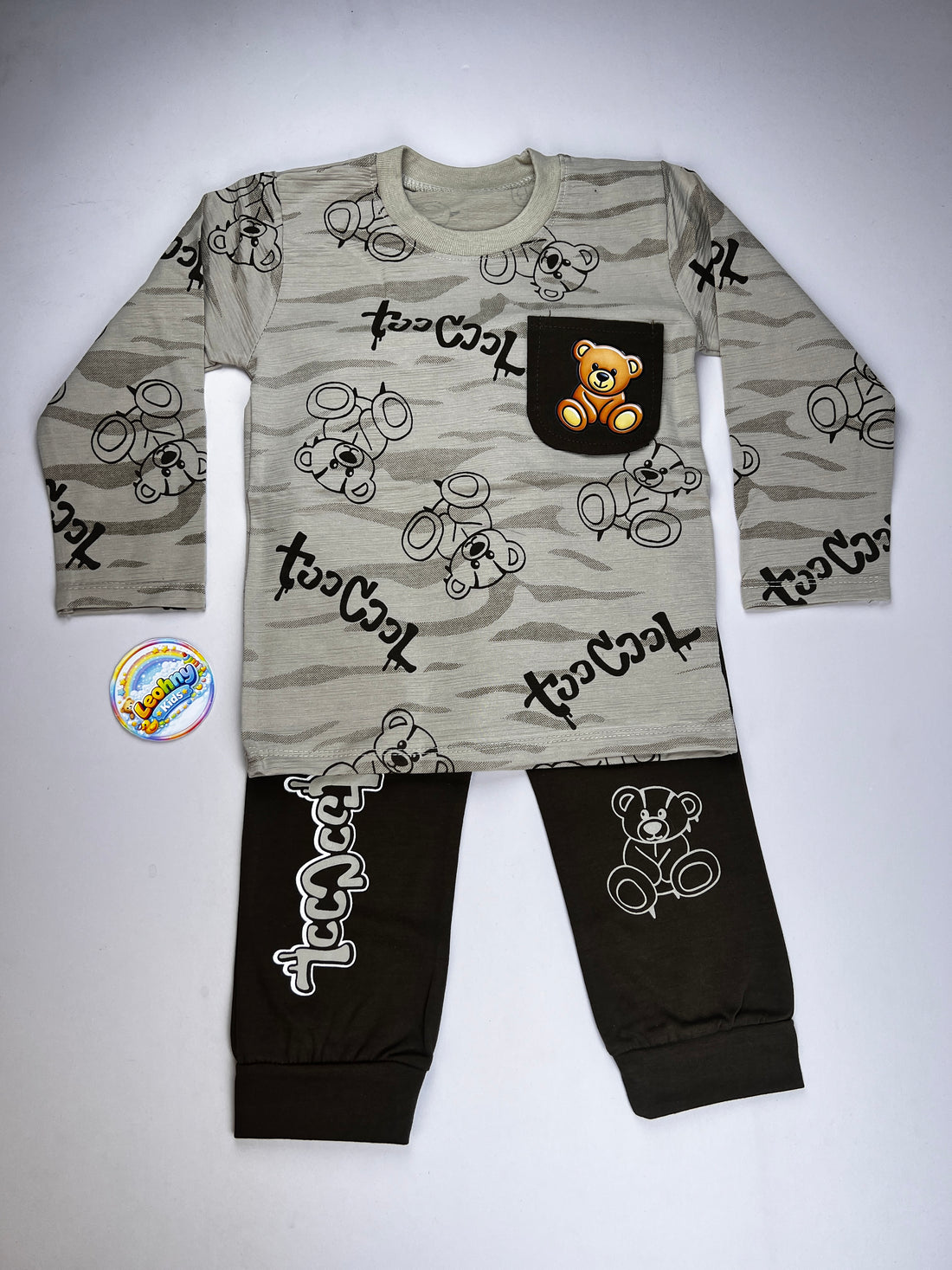 Boys 2 Pcs "Too Cool" Bear Print Suit with Contrast Pocket (Full Sleeves)