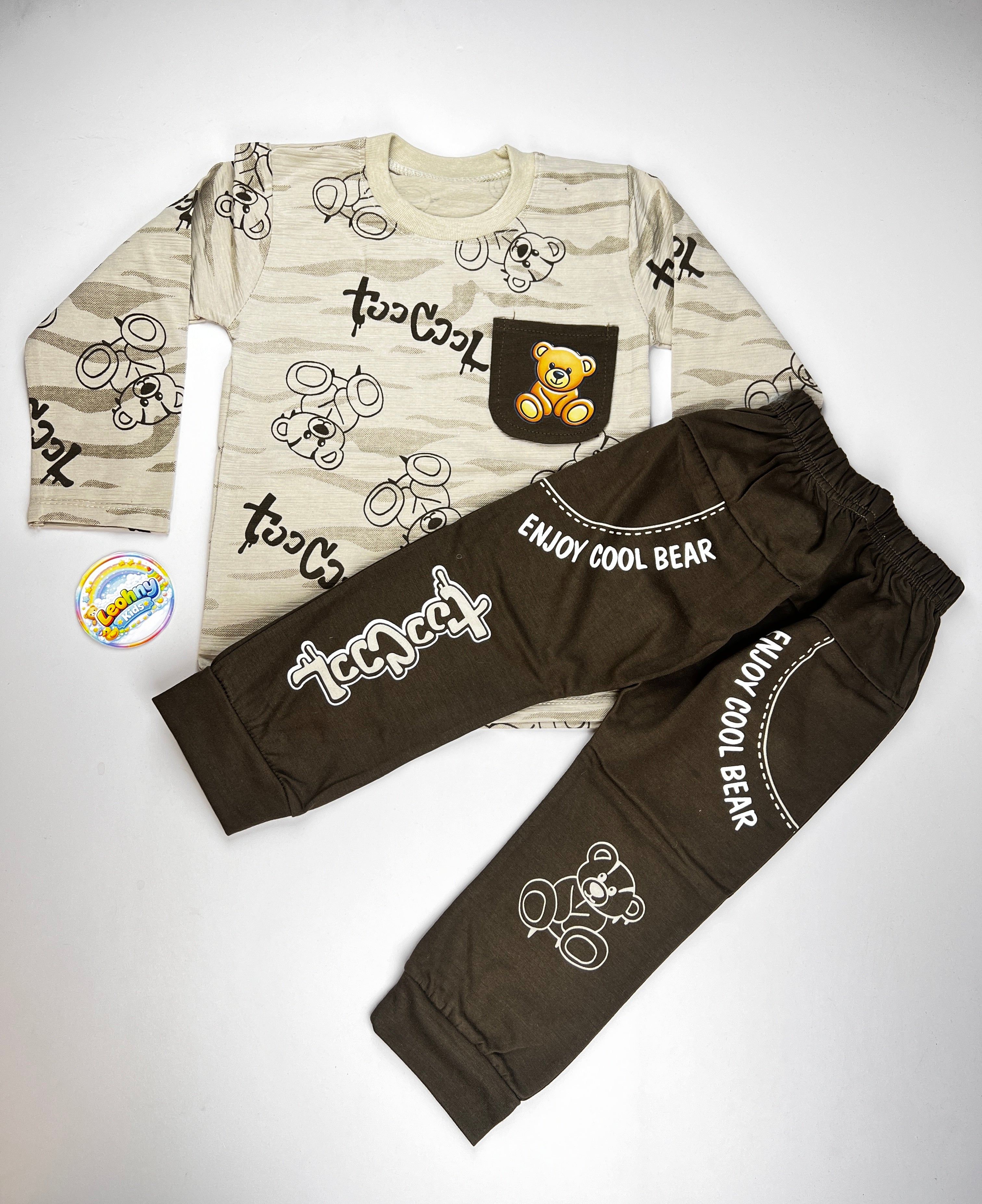 Boys 2 Pcs "Too Cool" Bear Print Suit with Contrast Pocket (Full Sleeves)