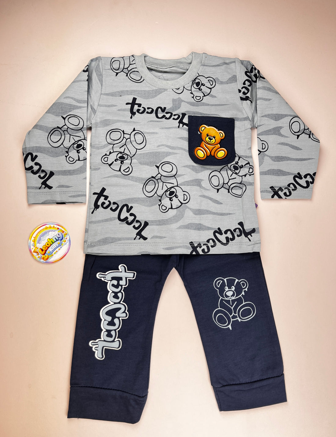 Boys 2 Pcs "Too Cool" Bear Print Suit with Contrast Pocket (Full Sleeves)