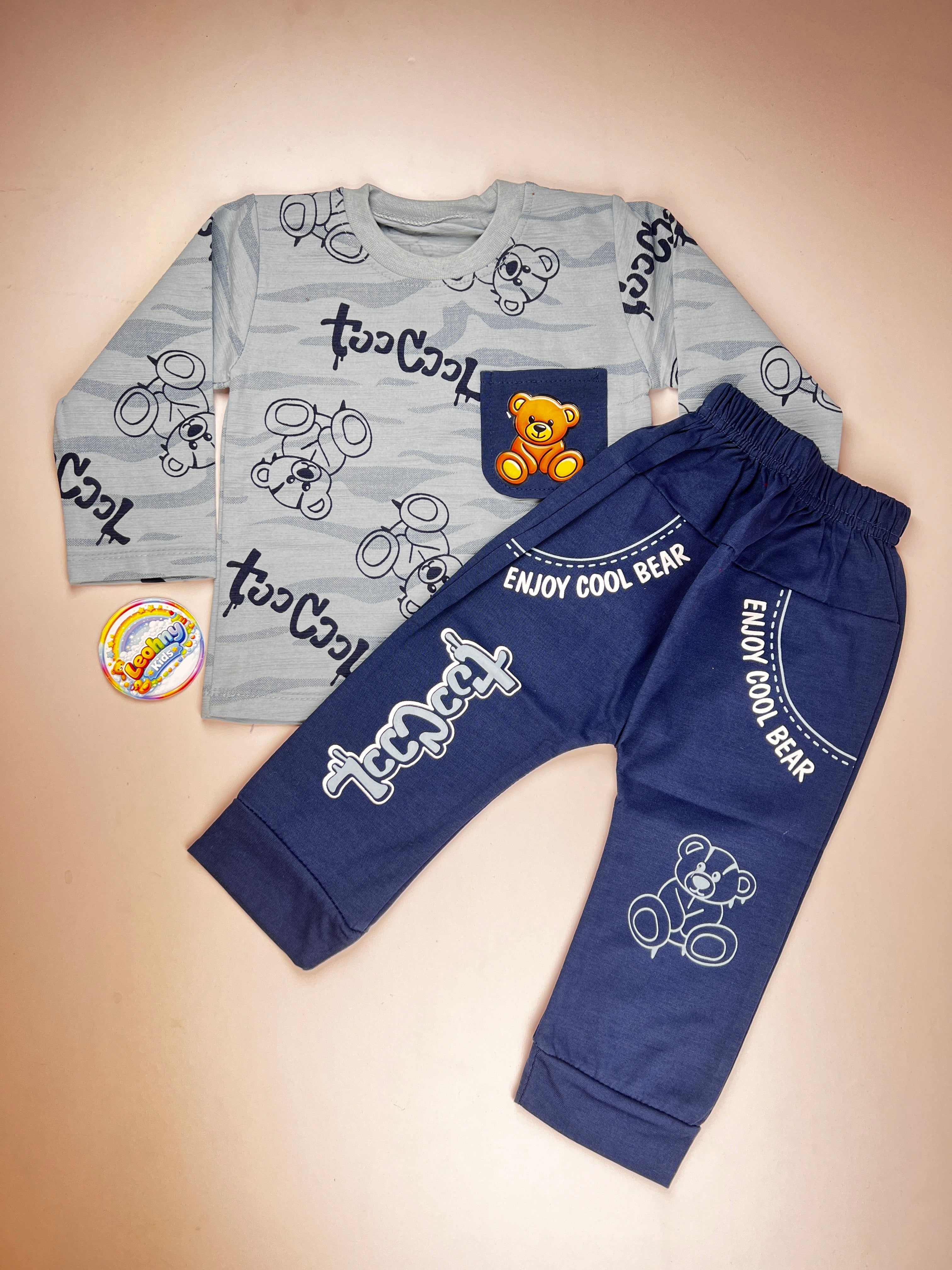 Boys 2 Pcs "Too Cool" Bear Print Suit with Contrast Pocket (Full Sleeves)