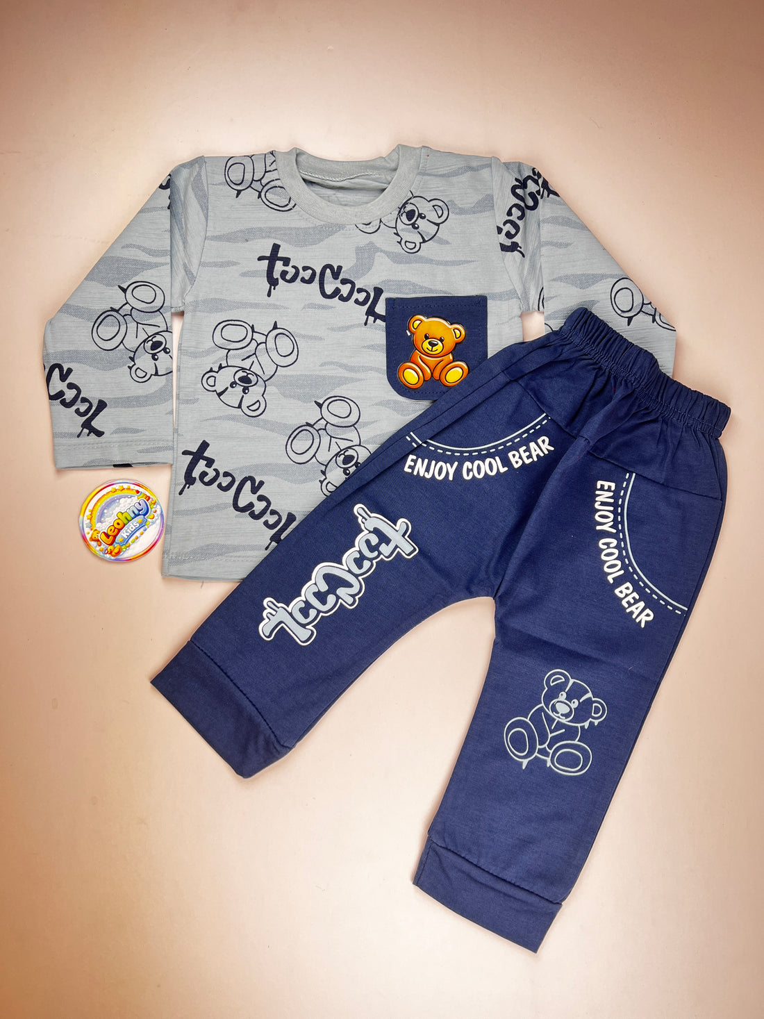 Boys 2 Pcs "Too Cool" Bear Print Suit with Contrast Pocket (Full Sleeves)