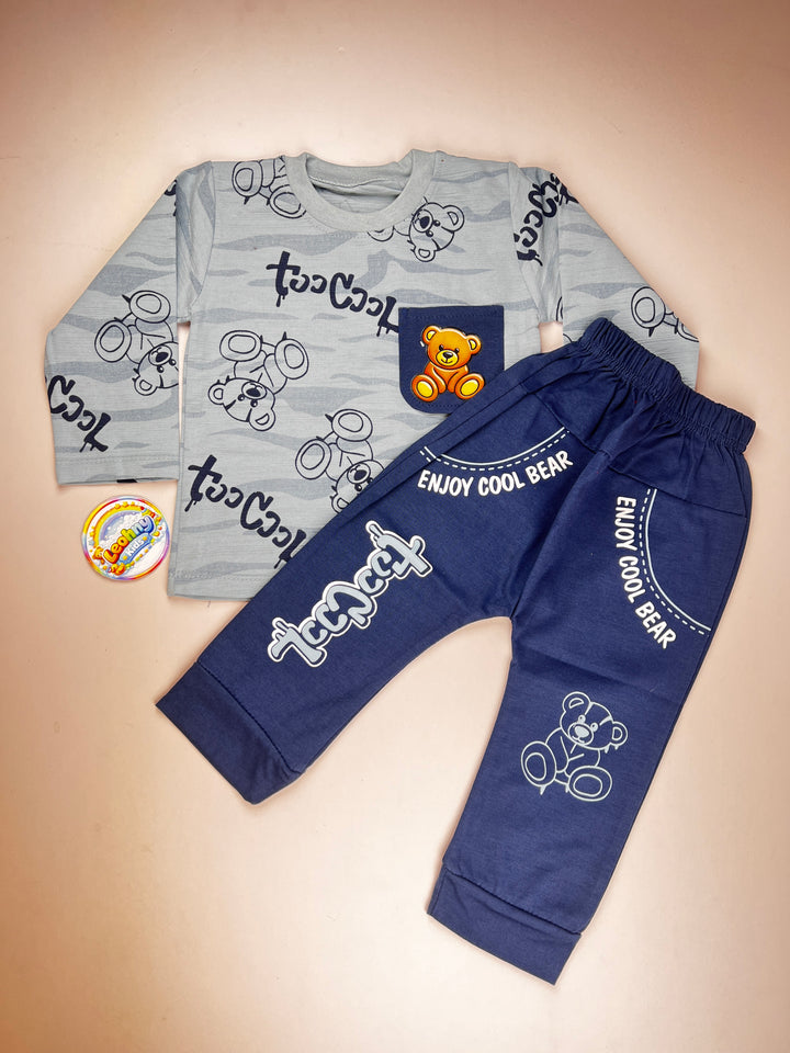 Boys 2 Pcs "Too Cool" Bear Print Suit with Contrast Pocket (Full Sleeves)