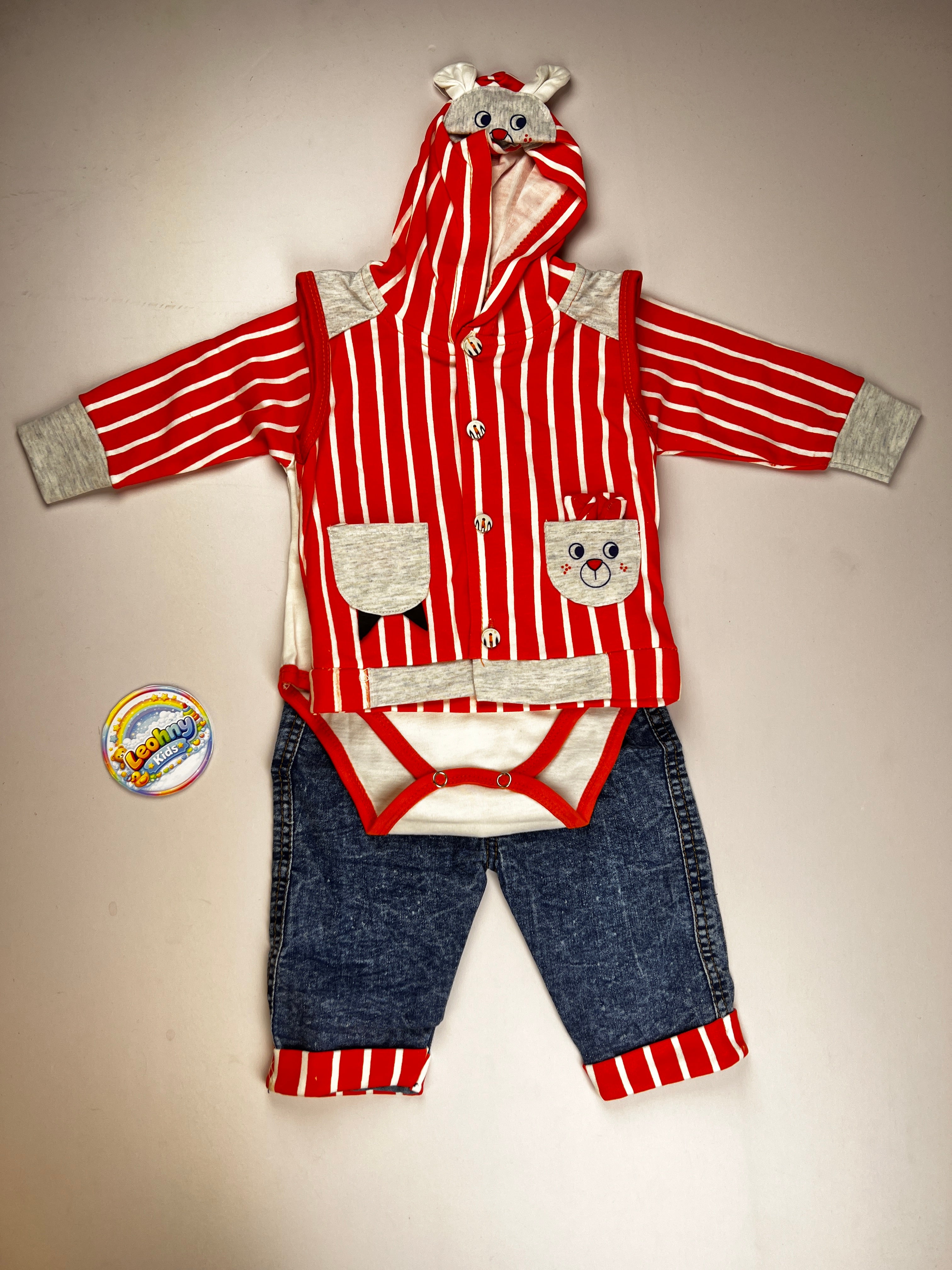 "Bear Explorer" 3-Piece Ensemble – Hooded Vest, Bodysuit & Denim Set