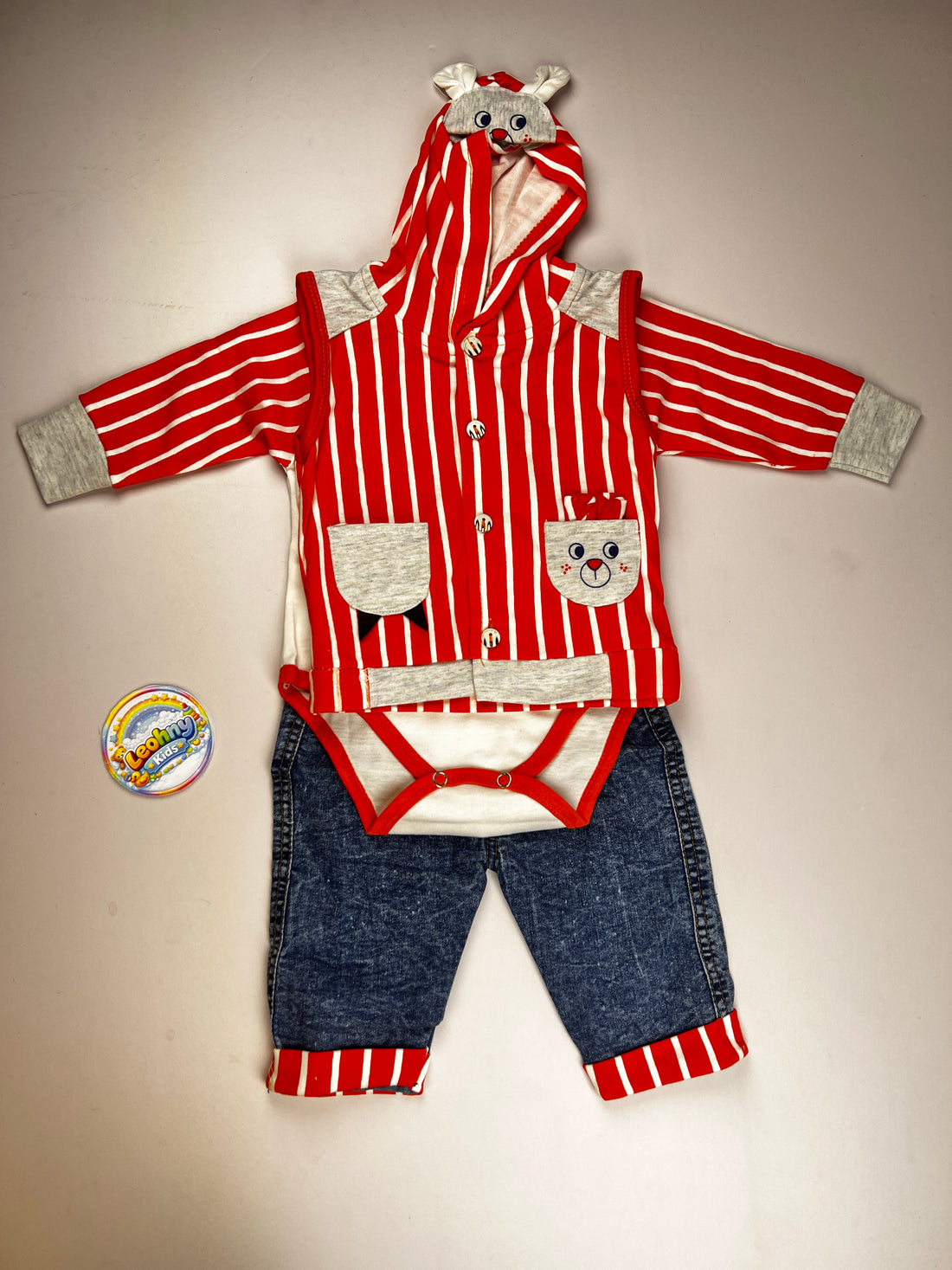 "Bear Explorer" 3-Piece Ensemble – Hooded Vest, Bodysuit & Denim Set