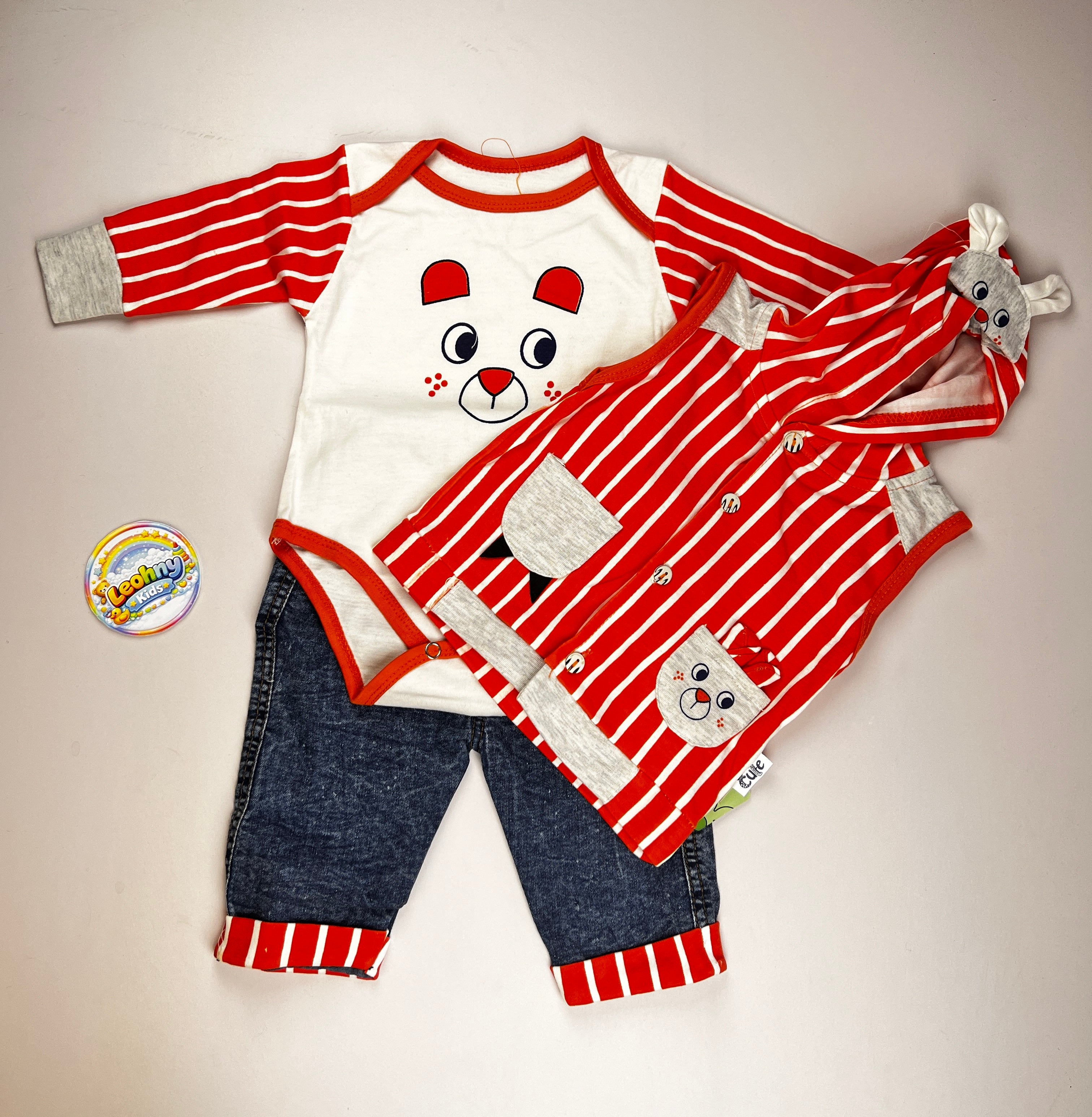 "Bear Explorer" 3-Piece Ensemble – Hooded Vest, Bodysuit & Denim Set