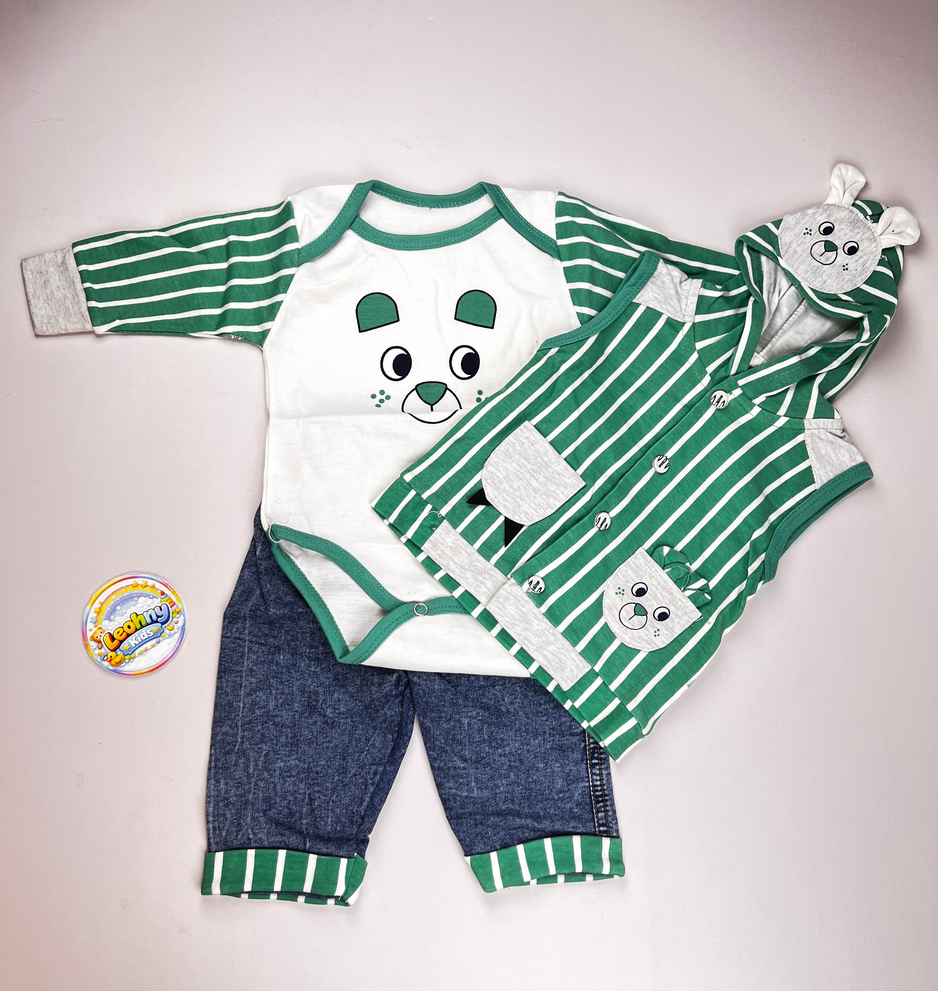 "Bear Explorer" 3-Piece Ensemble – Hooded Vest, Bodysuit & Denim Set