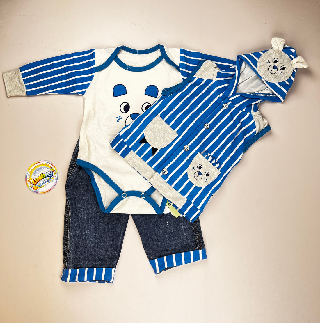 "Bear Explorer" 3-Piece Ensemble – Hooded Vest, Bodysuit & Denim Set