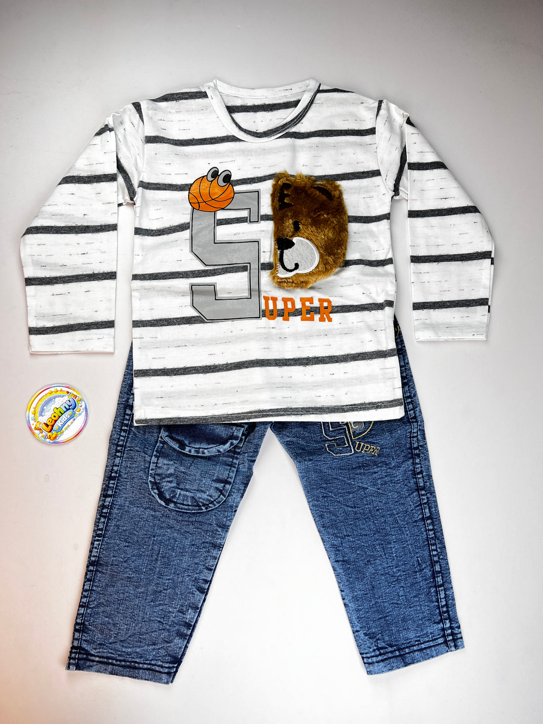 "Super Bear" 2-Piece Striped Top & Acid-Wash Denim Set