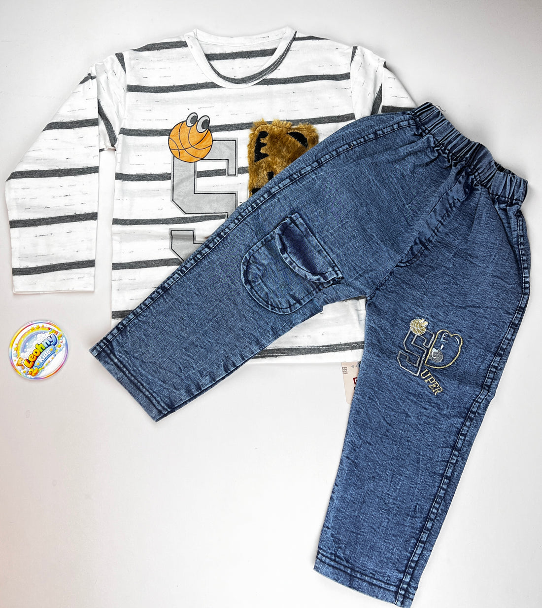 "Super Bear" 2-Piece Striped Top & Acid-Wash Denim Set