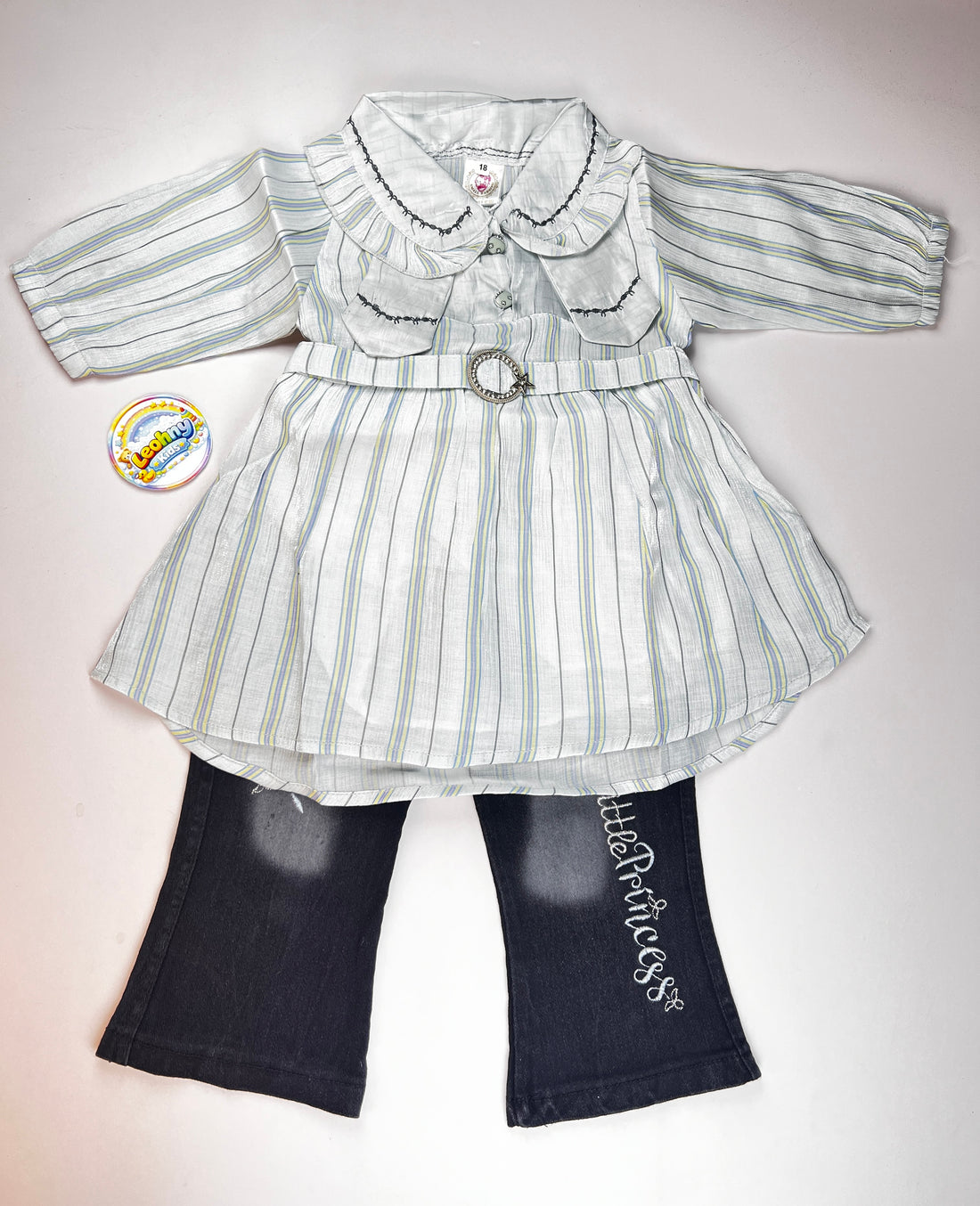Girls 2 Pcs "Little Princess" Striped Frock & Denim-Style Bell Bottom Suit (Full Sleeves)