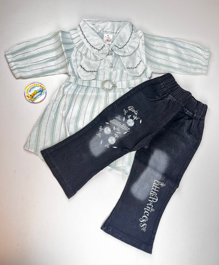 Girls 2 Pcs "Little Princess" Striped Frock & Denim-Style Bell Bottom Suit (Full Sleeves)