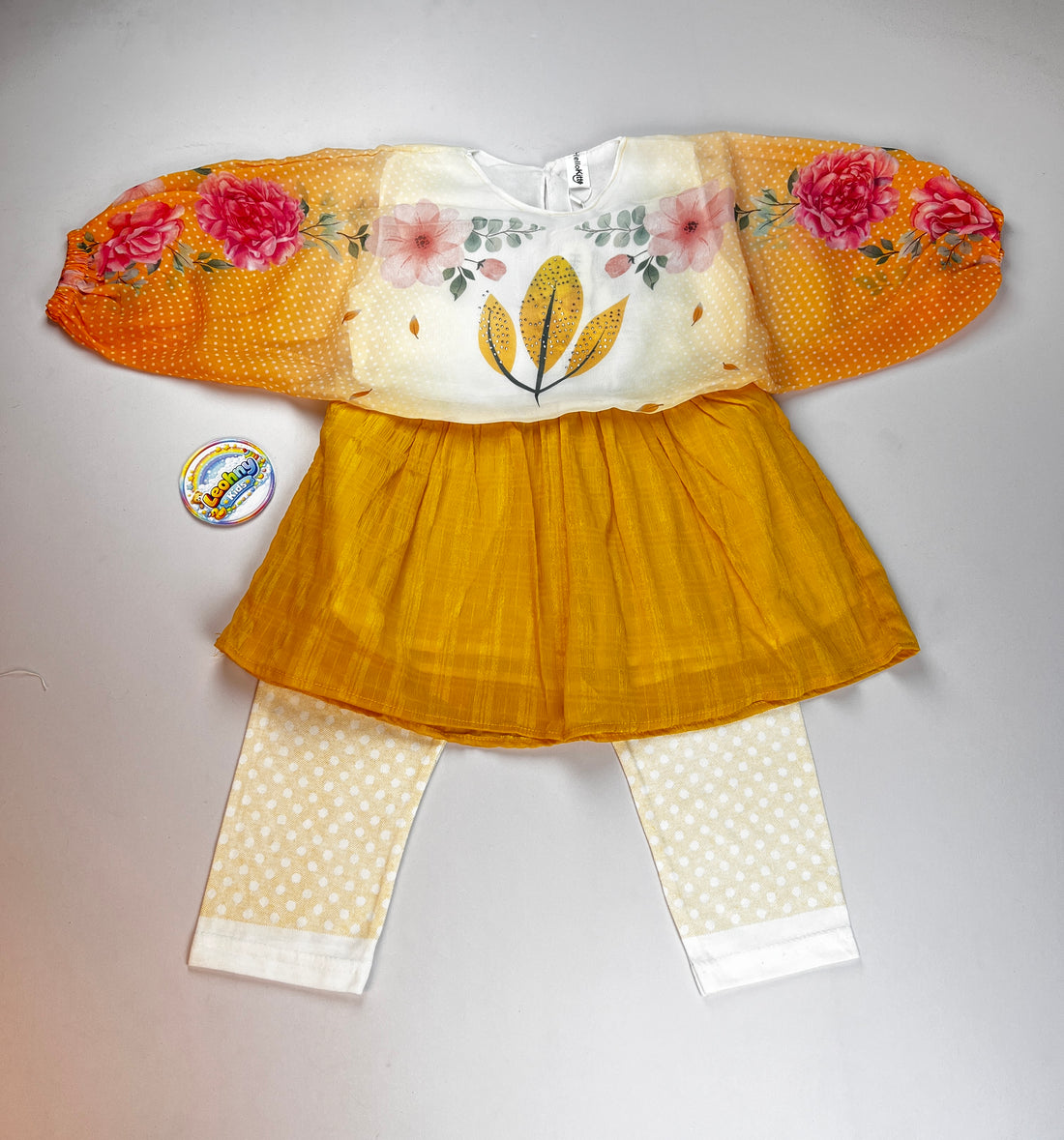 Girls Floral 3-Piece Dress Set – Peach & White Frock with Polka Dot Leggings