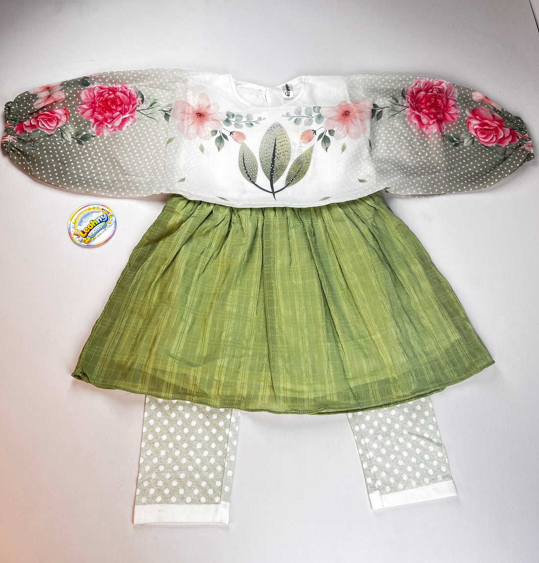 Girls Floral 3-Piece Dress Set – Peach & White Frock with Polka Dot Leggings